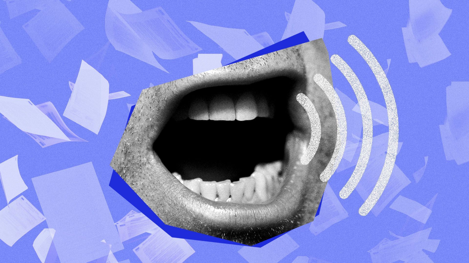 Illustration of an open mouth with the volume symbol next to it surrounded by falling papers