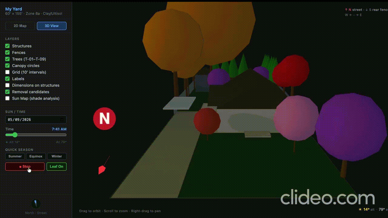 Dark UI screenshot titled "My Yard" in 3D View. Left panel shows controls and layers; a 3D yard with colorful rounded trees (orange, purple, pink, red), a path and small structures; red compass "N"; clideo watermark.