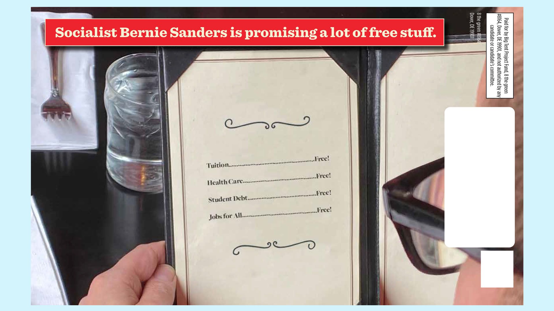 A photo of a mailer that says "Socialist Bernie Sanders promises a lot of free stuff"