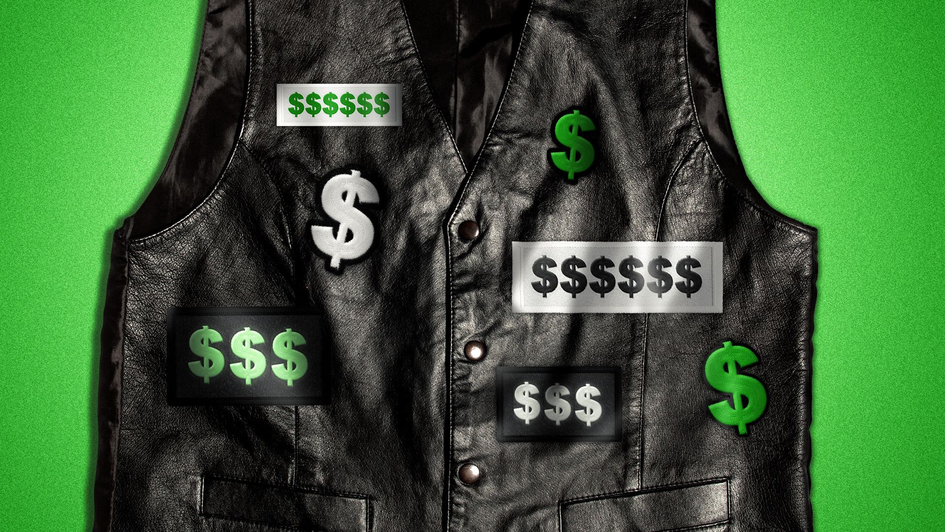 an illustration of a motorcycle jacket covered in money patches