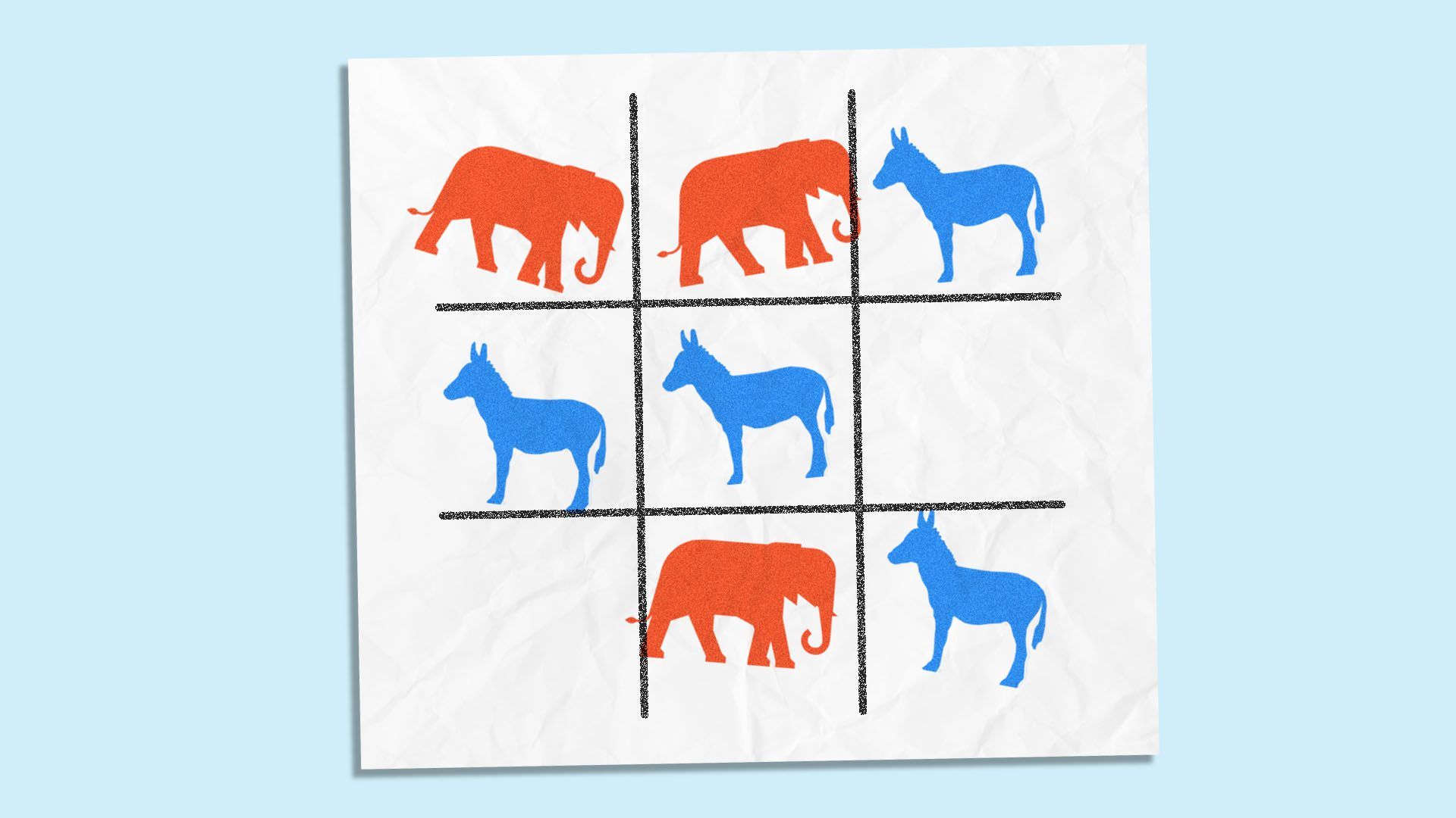 Illustration of a tic-tac-toe board filled with elephants and donkeys