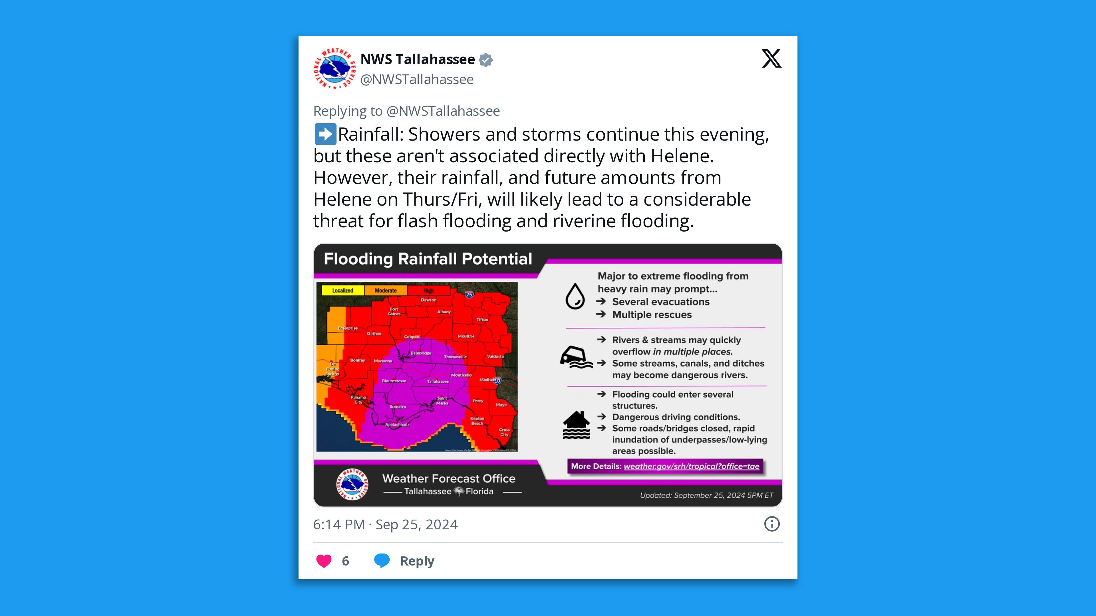 A screenshot of an NWS Tallahassee tweet, saying in part: "Showers and storms continue this evening, but these aren't associated directly with Helene. However, their rainfall, and future amounts from Helene on Thurs/Fri, will likely lead to a considerable threat for flash flooding."