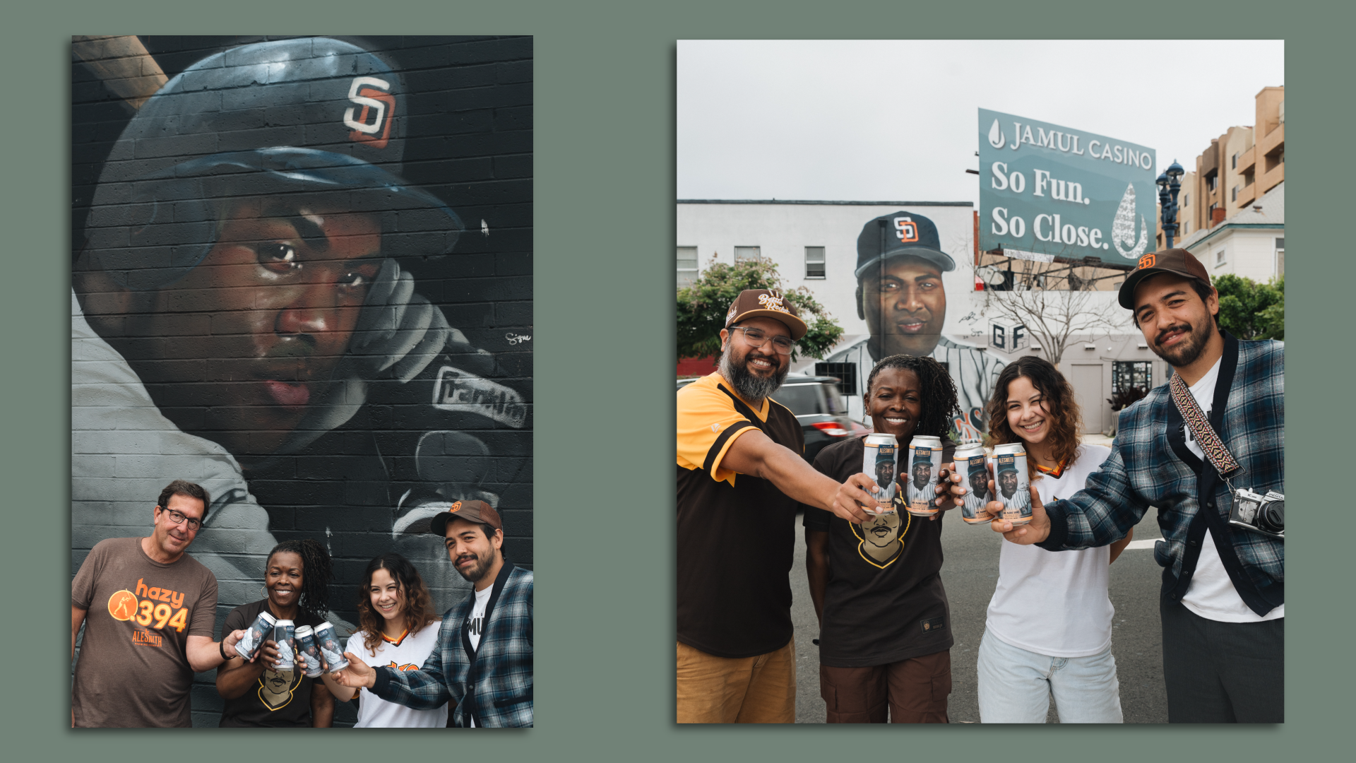 Two photos of people holding beer cans in front of Tony Gywnn murals.