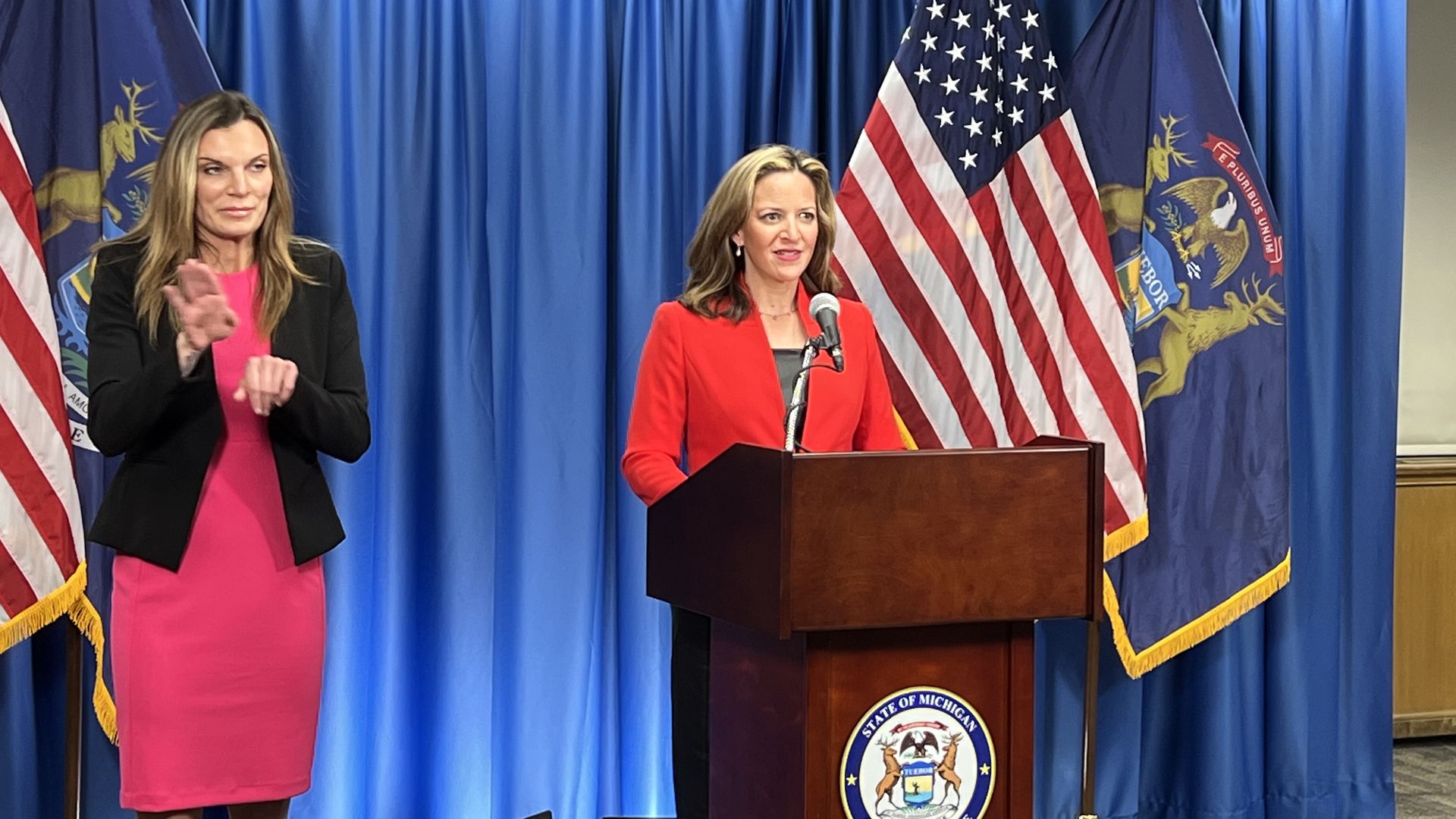 Secretary of State Jocelyn Benson at Cadillac Place in New Center last night.