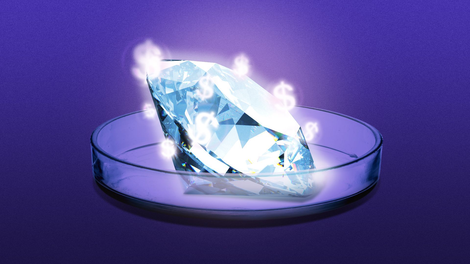Illustration of a diamond in a petri dish with dollar-sign shaped sparkles 