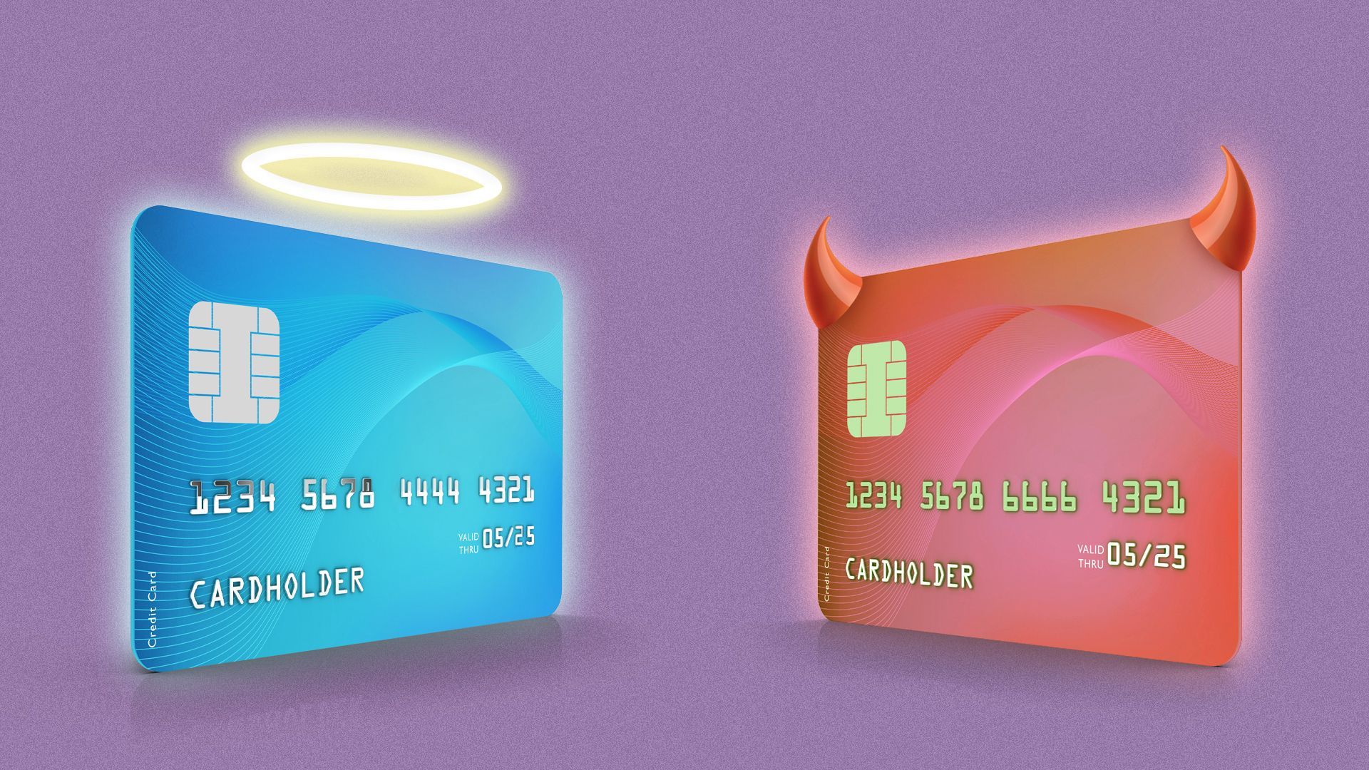 Illustration of a credit card with a halo facing a credit card with devil horns