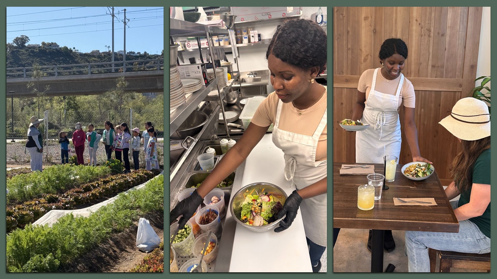 Three-panel collage: left shows kids with an adult in a community garden; middle a woman in beige top and white apron prepping salads in a restaurant kitchen; right a women serves salad at a wooden table.