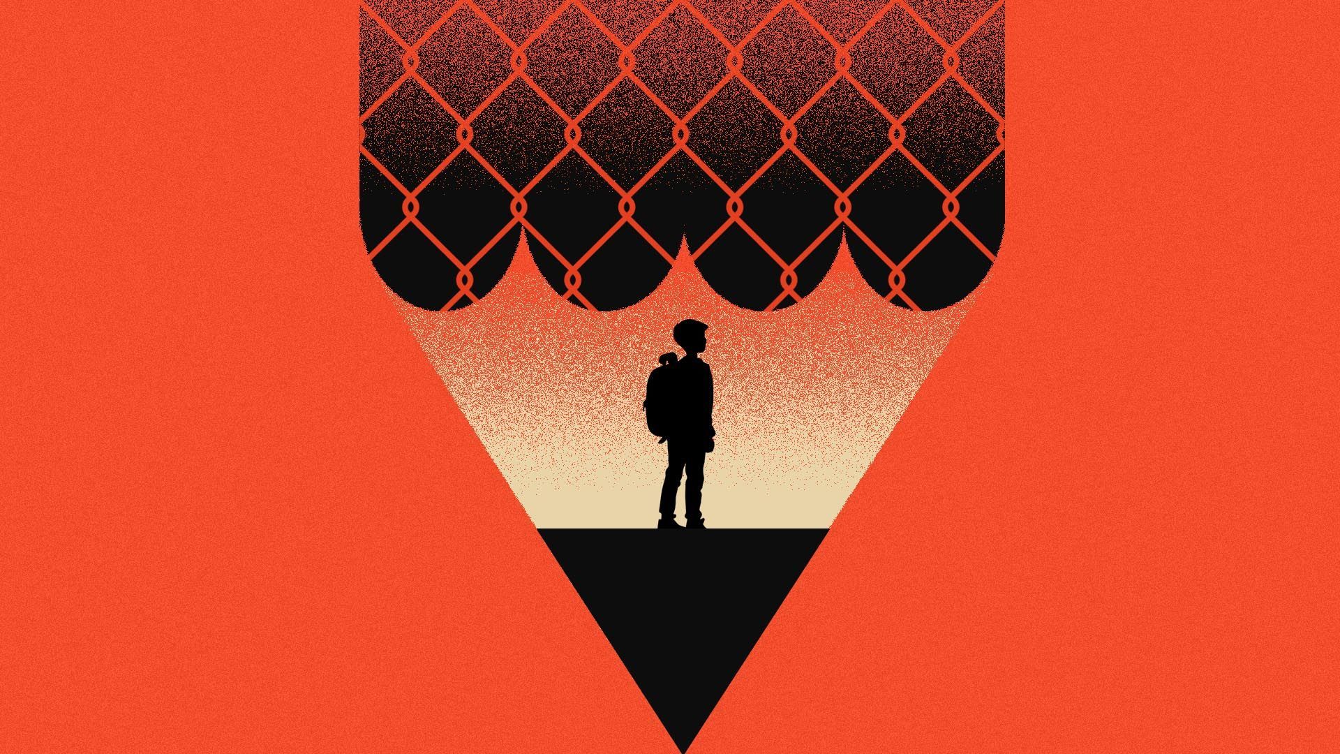 Illustration of a silhouette of a child standing on the lead of a pencil as if it's the ground with the negative space of the pencil forming a chain linked fence 