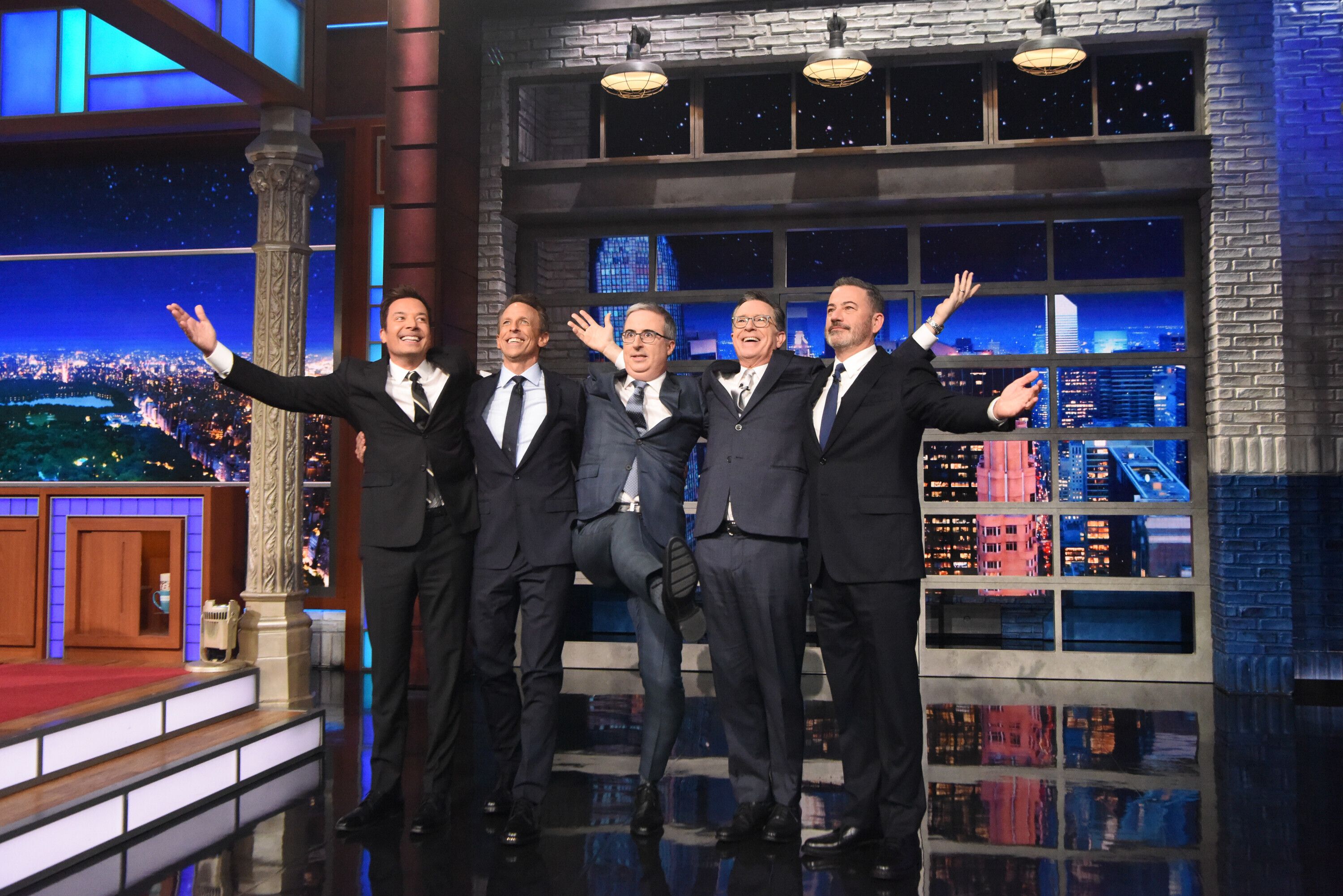 The Late Show with Stephen Colbert and guests Jimmy Kimmel, Jimmy Fallon, John Oliver, and Seth Meyers during yesterday's show. Photo: Scott Kowalchyk/CBS Broadcasting Inc.