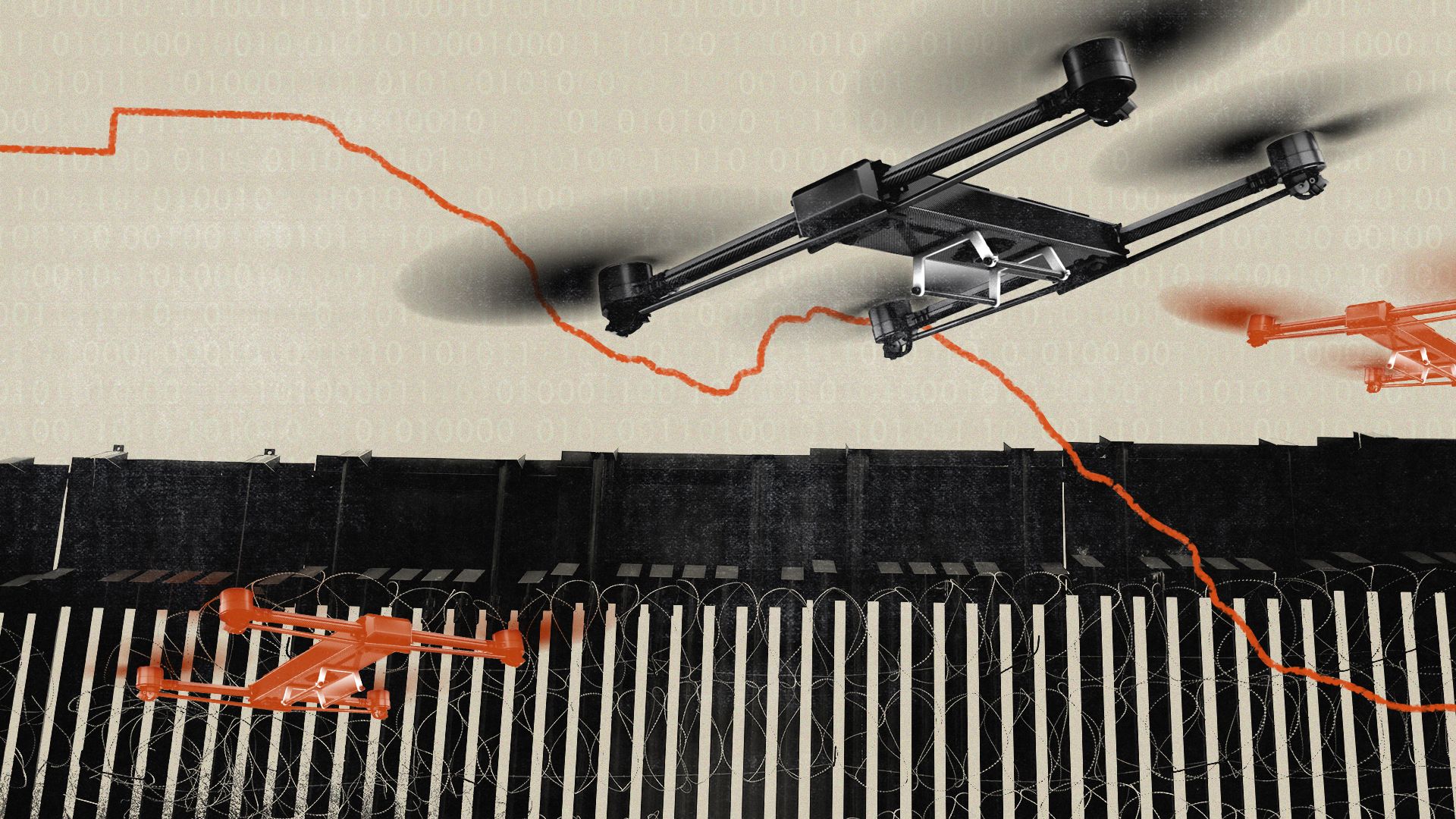 Photo illustration of drones collaged with the U.S.-Mexico. 