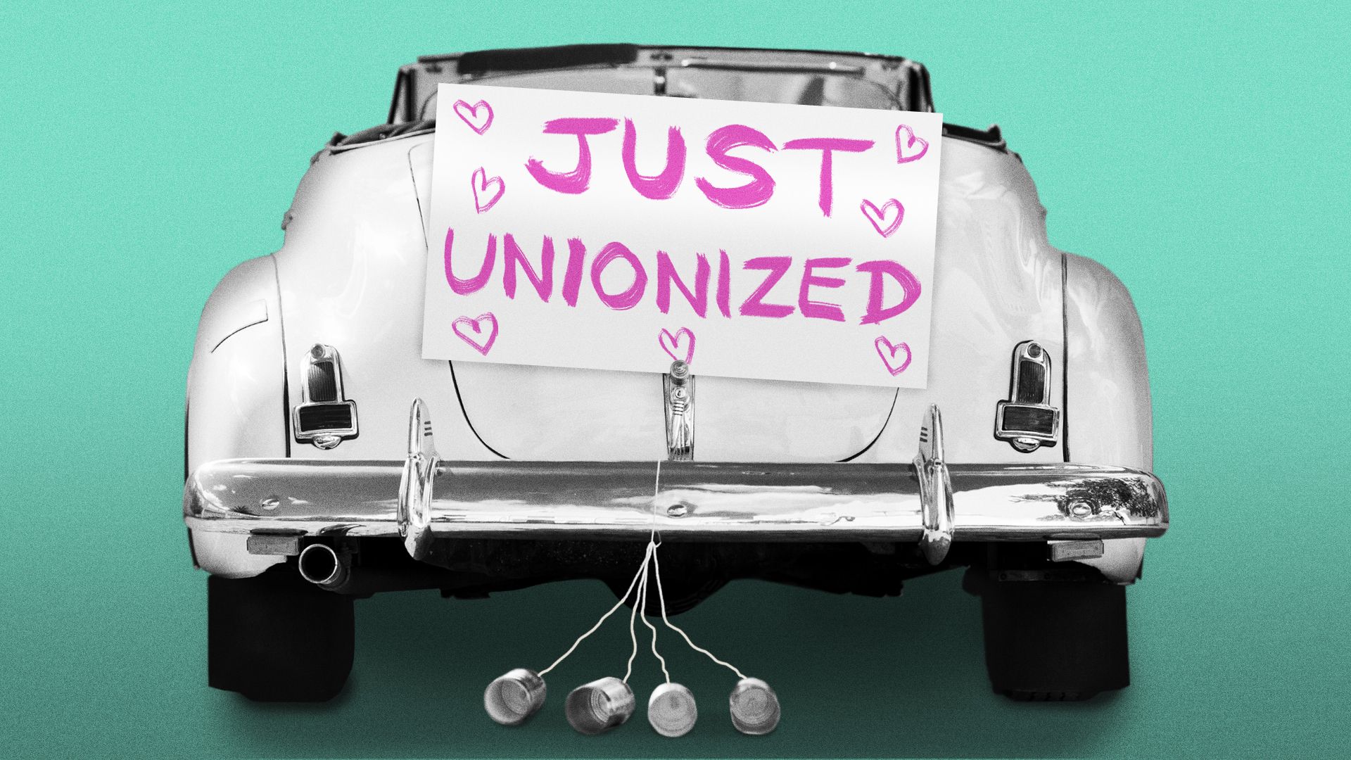 Illustration of a car with a "Just Unionized" sign and cans tied to the back fender.