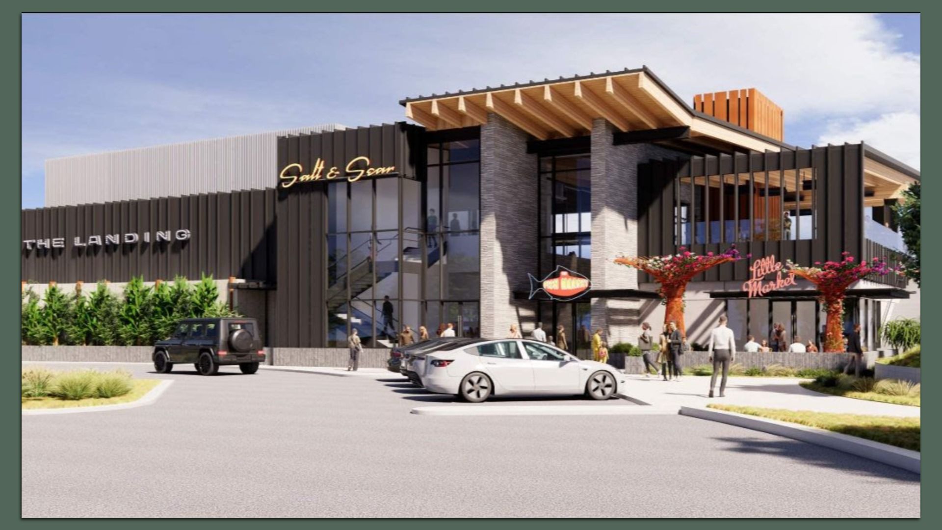 Modern shopping center named "The Landing" with businesses "Salt & Sear" and "Little Market," featuring tall glass windows, stylish architecture, and parked cars in front.