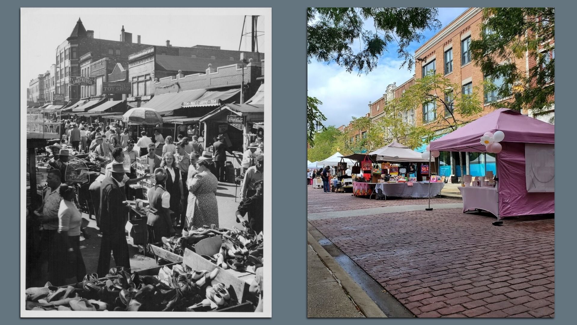 an old black and white market photo next to a new pink one 