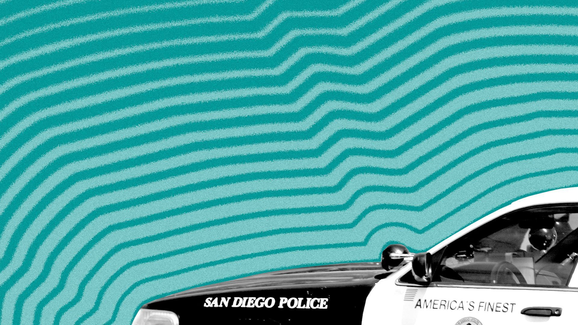 An illustration of a San Diego Police Department cruiser against a teal background.