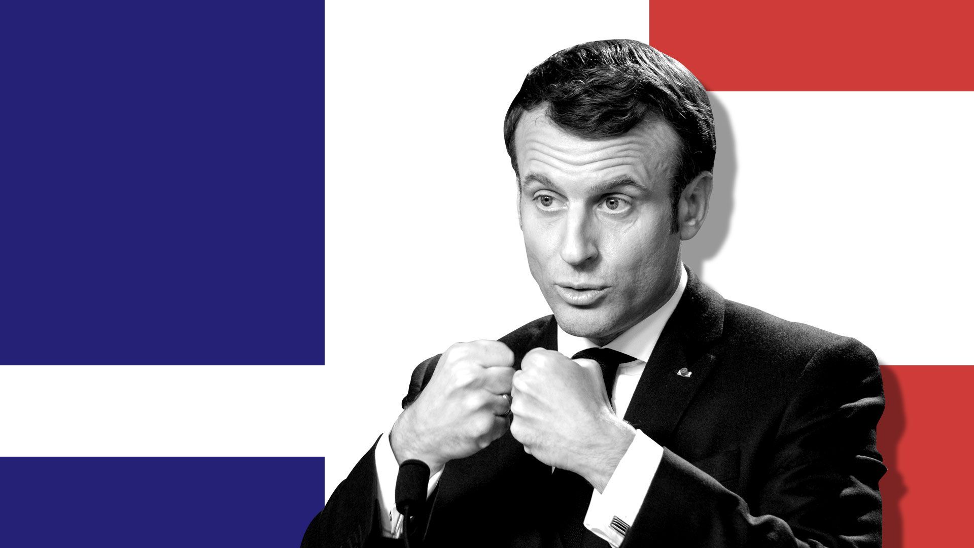Photo illustration of Emmanuel Macron putting his fist together in front of a deconstructed French flag