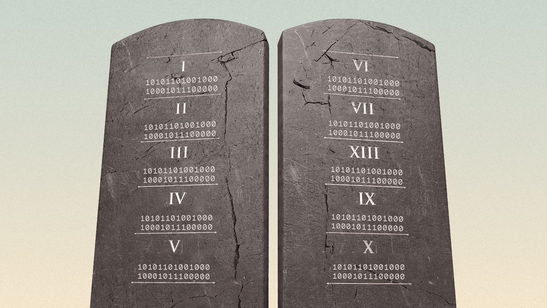 Illustration of two stone slabs, showing ten commandments written in binary code.
