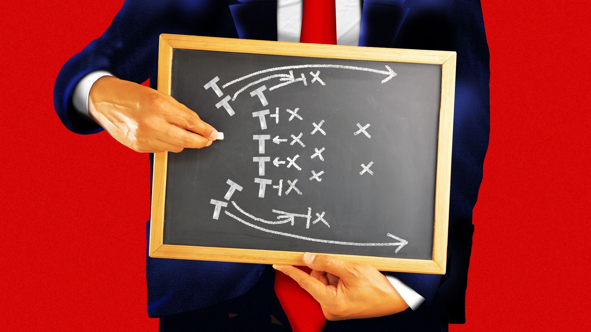 Illustration of a Trump-like figure holding a coaching chalkboard covered in Trump T's and strategies 