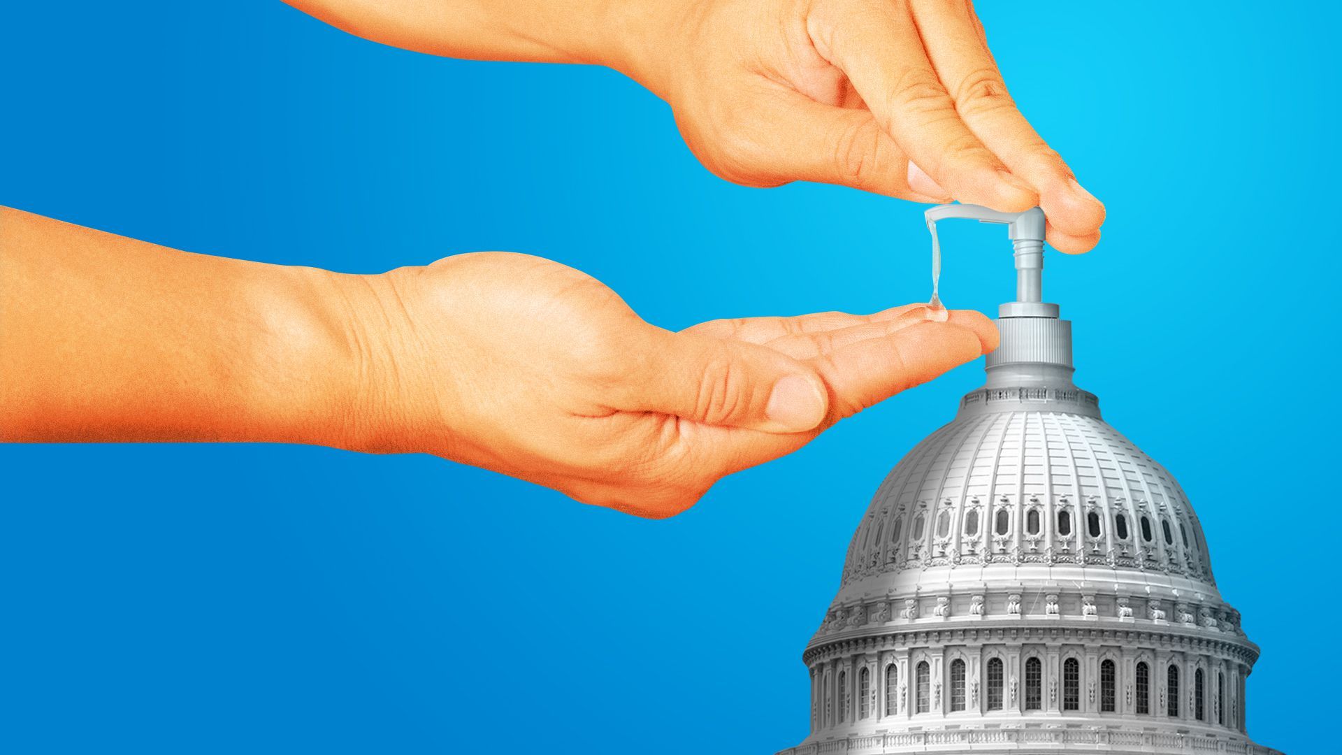 Illustration of the Capitol dome with a hand sanitizer nozzle and a pair of hands squeezing out hand sanitizer.