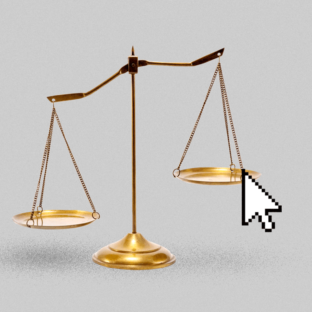 Animated illustration of a cursor pulling on the scales of justice.