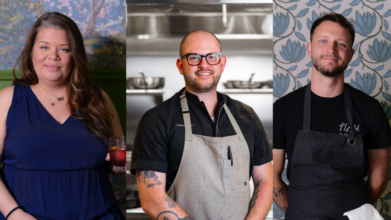 A triptych image featuring three individuals. On the left, a woman with long brown hair wearing a blue sleeveless top holds a drink. In the center, a man with glasses, wearing a dark shirt and a beige apron, stands in a kitchen setting. On the right, a man with short hair and a beard. 