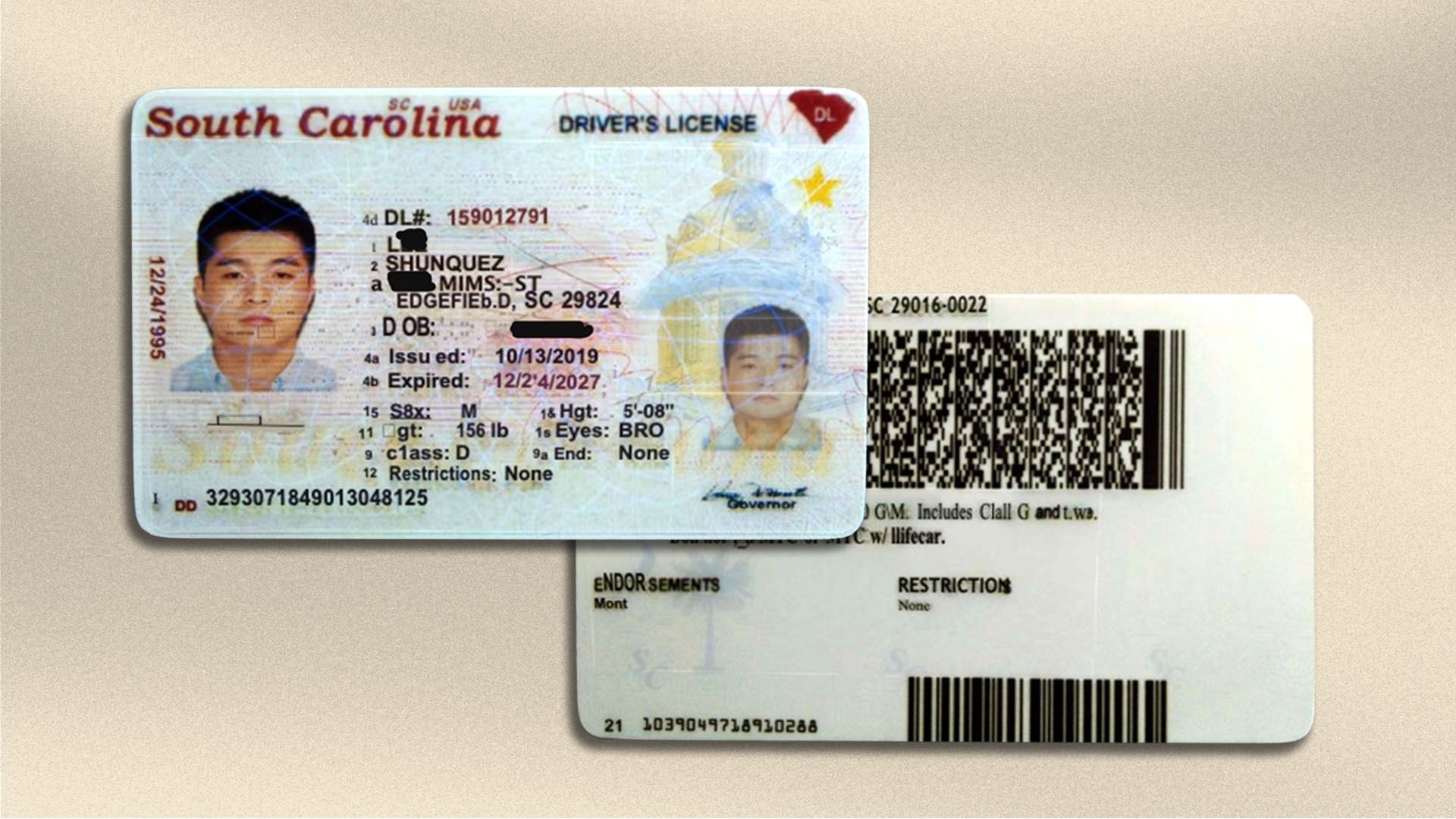 Front and back of a South Carolina driver's license with photo of a man, personal details, barcode, and official state seal on a beige background.