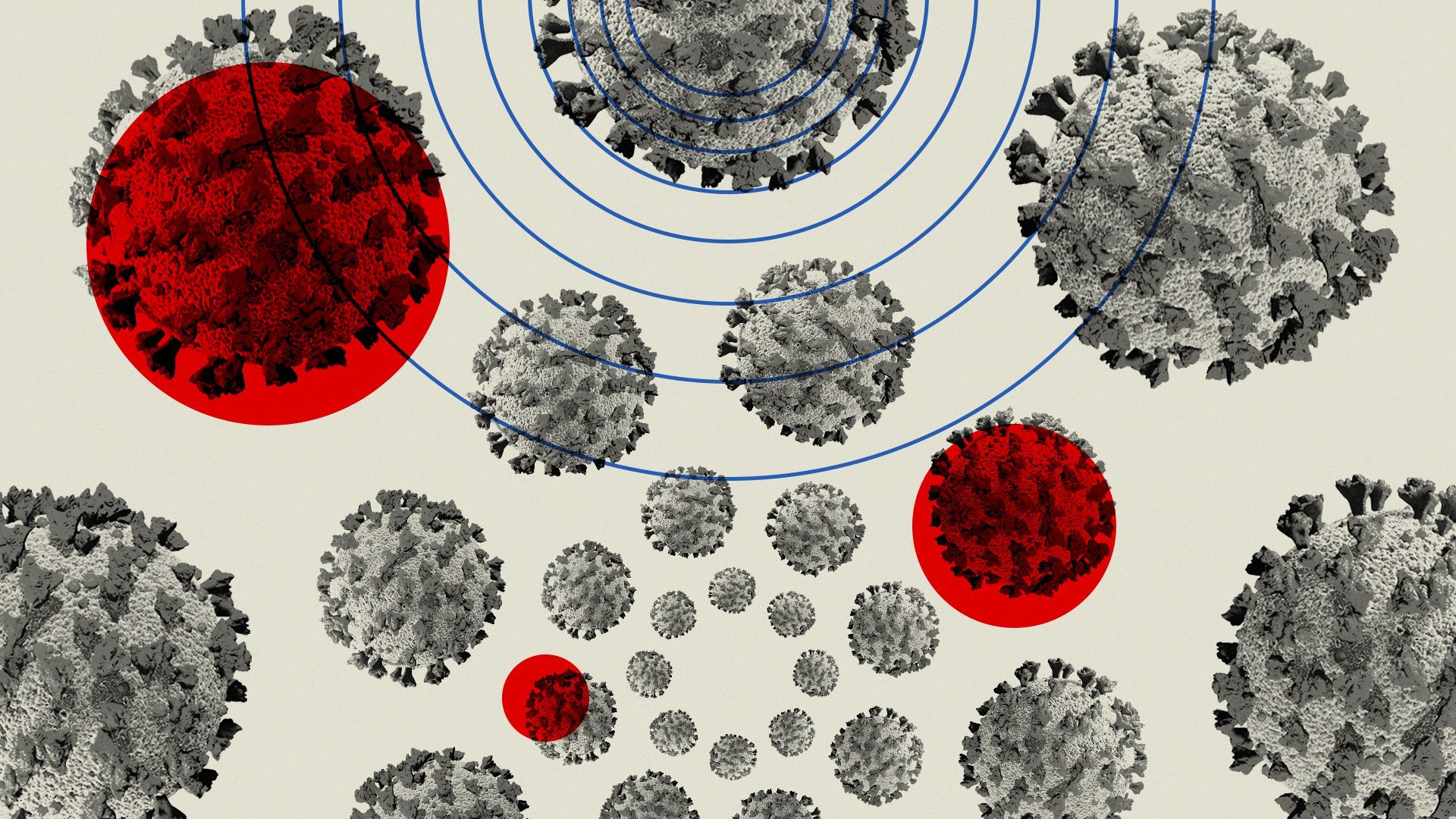 Illustration of COVID cells arranged in a radial pattern with red circles overlaid on the image. 