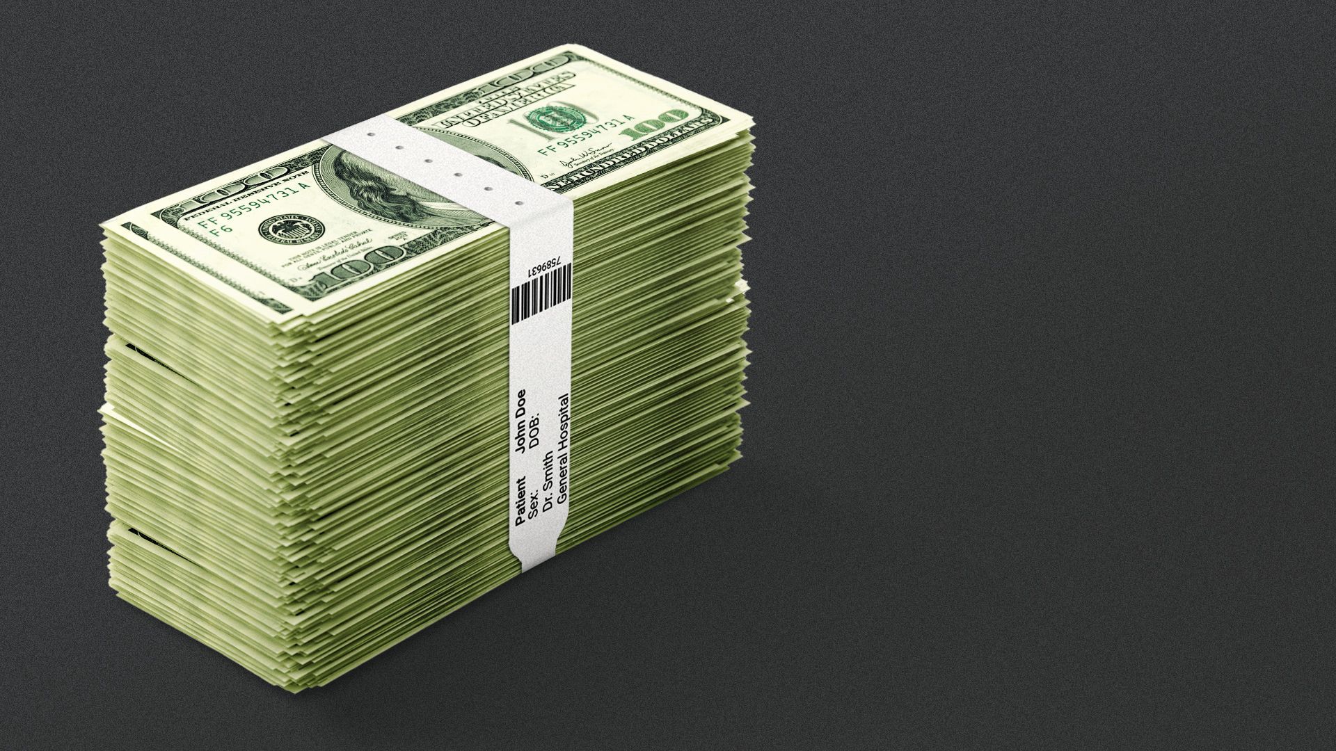 an illustration of a stack of money with a hospital bracelet wrapped around it like a badn