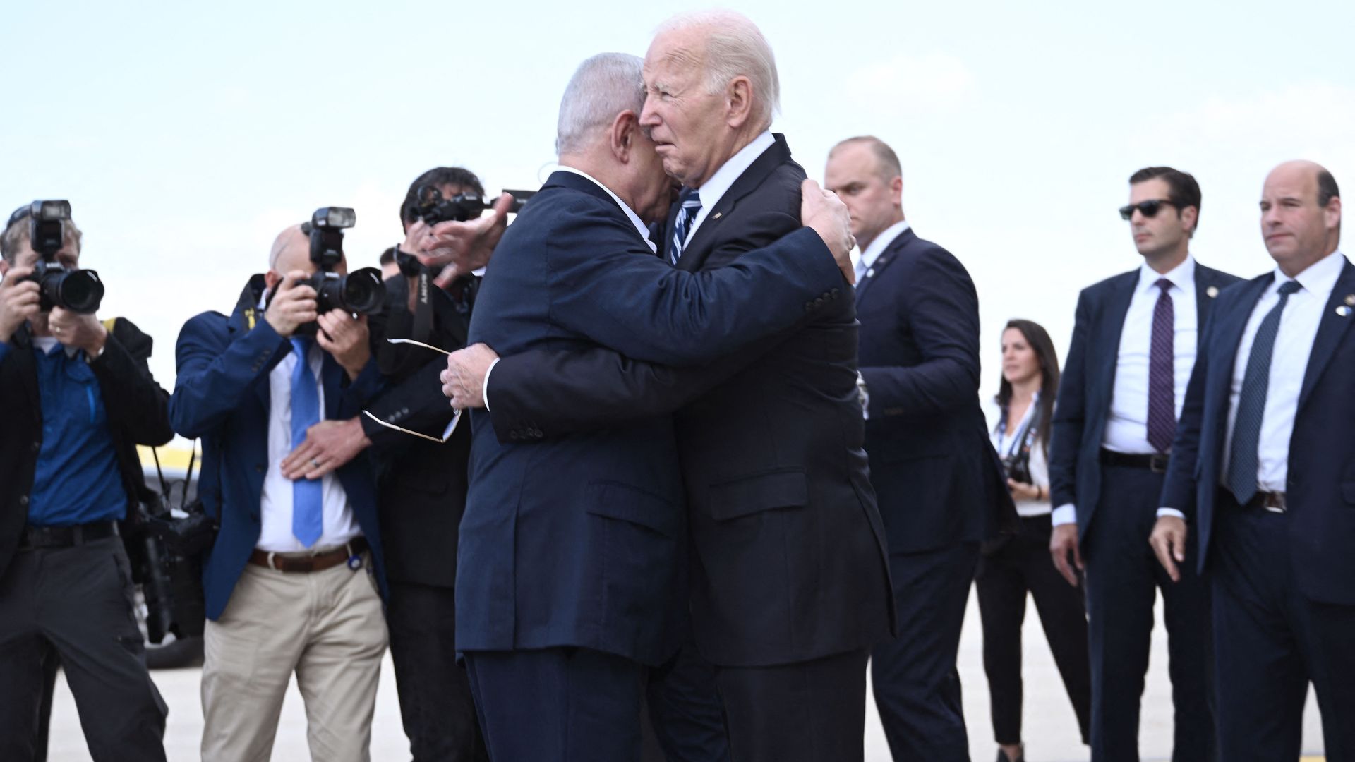 Israeli Prime Minister Benjamin Netanyahu, left, hugs U.S. President Joe Biden.