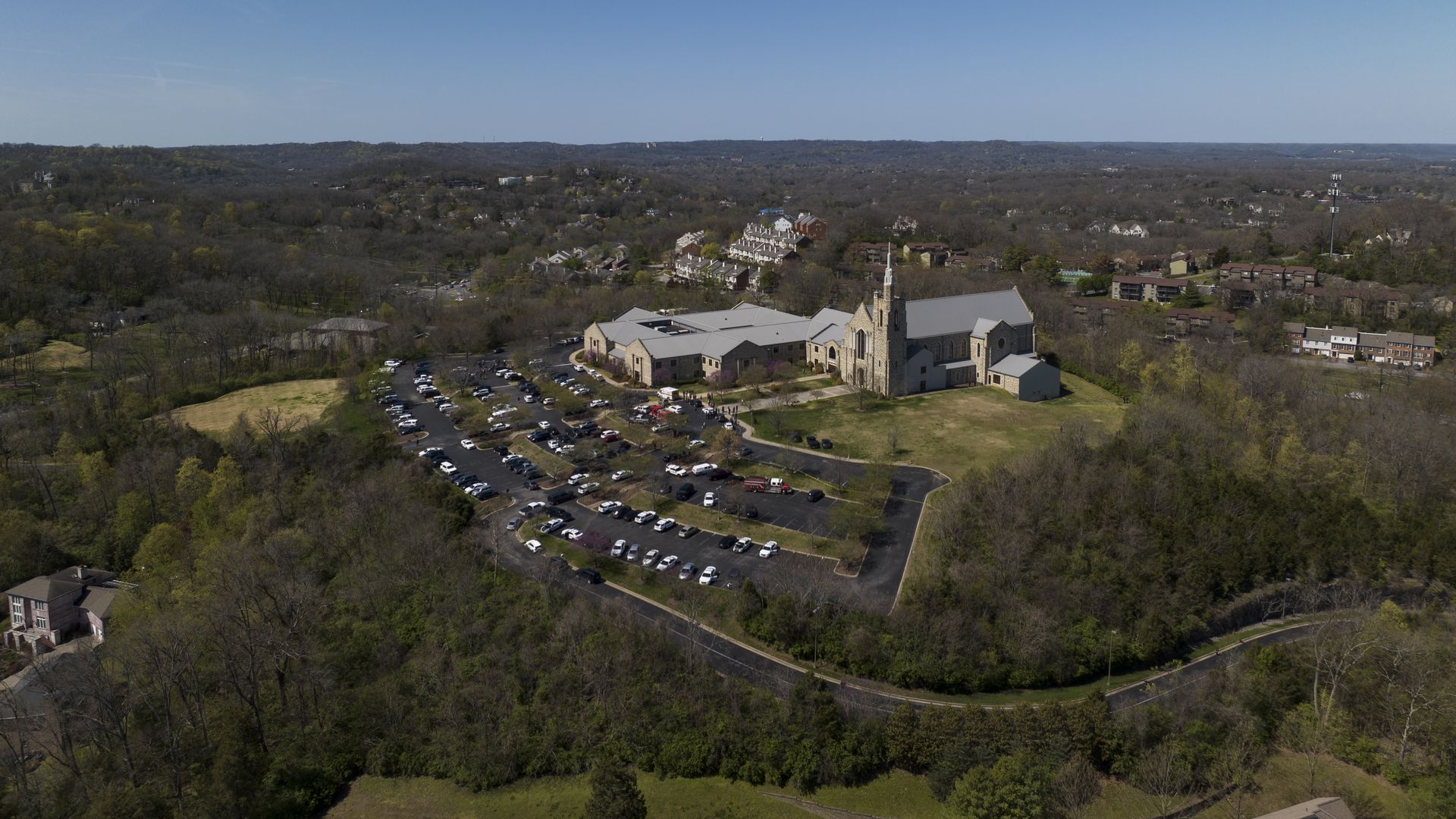 NASHVILLE, TN - MARCH 27: An aerial view shows the Covenant School where first responders were working the scene of a mass shooting on March 27, 2023 in Nashville, Tennessee.