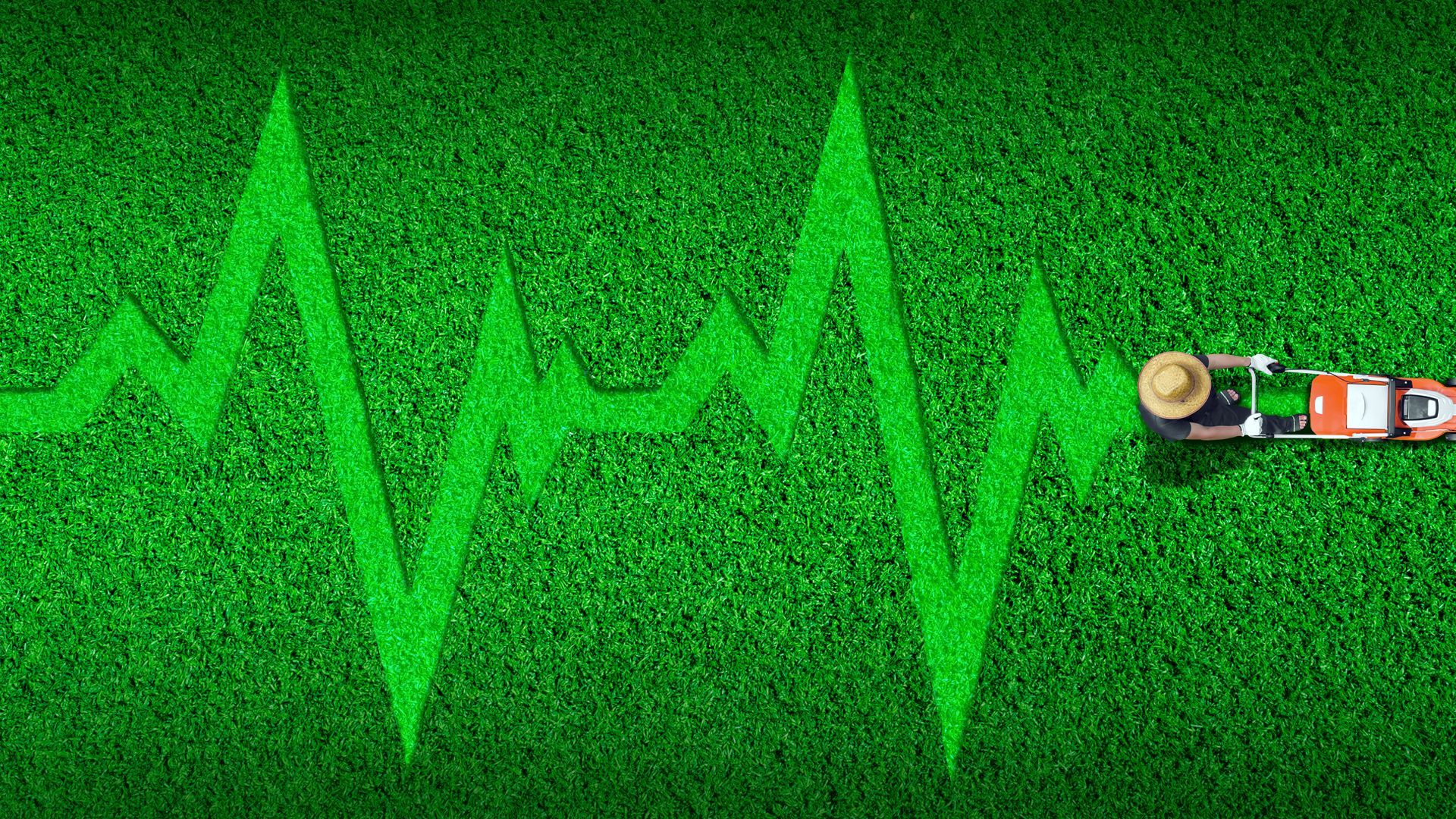 Illustration of someone pushing a lawnmower across a lawn forming the shape of an EKG line