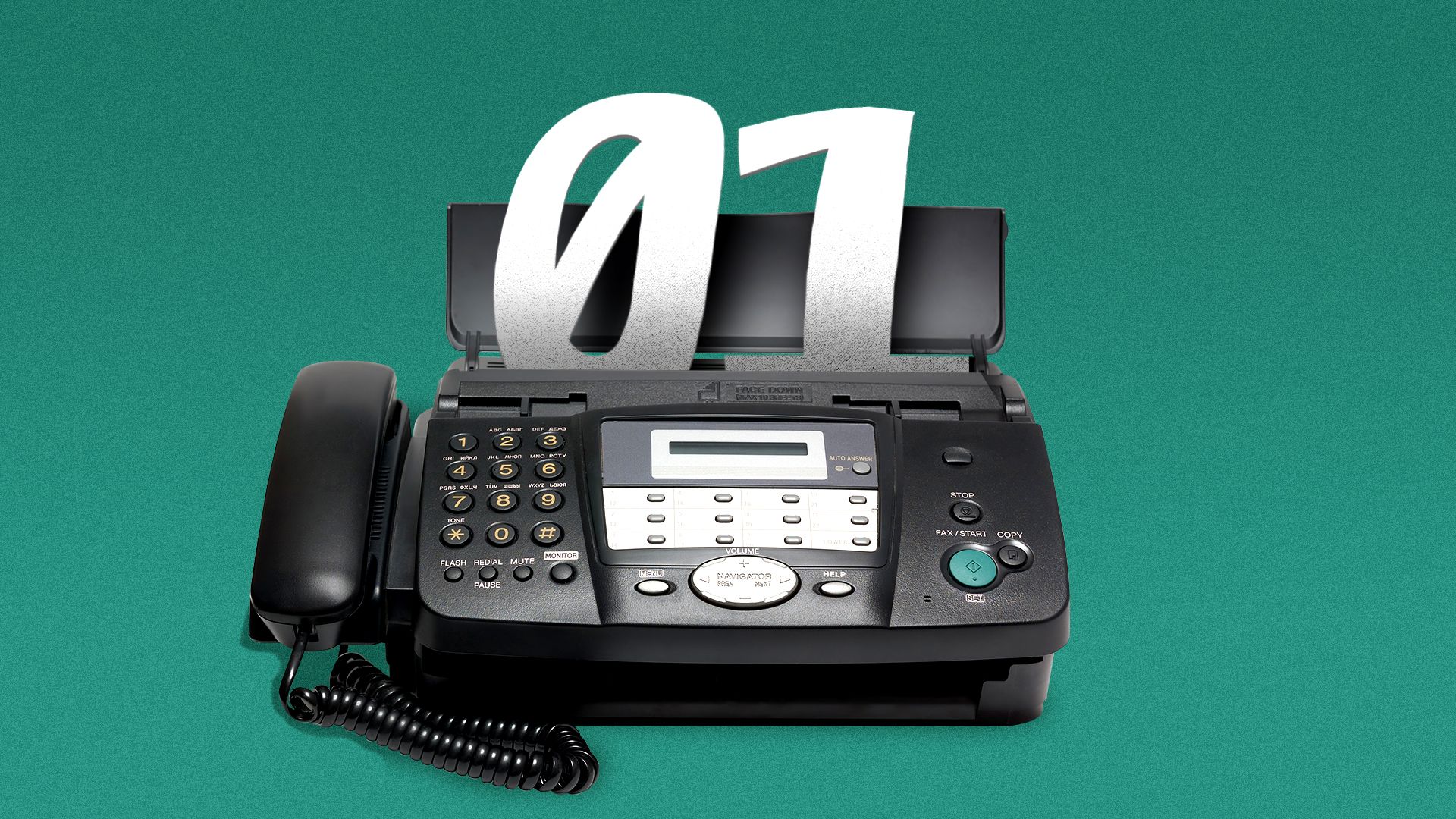 Illustration of a fax machine with paper shaped like "01."