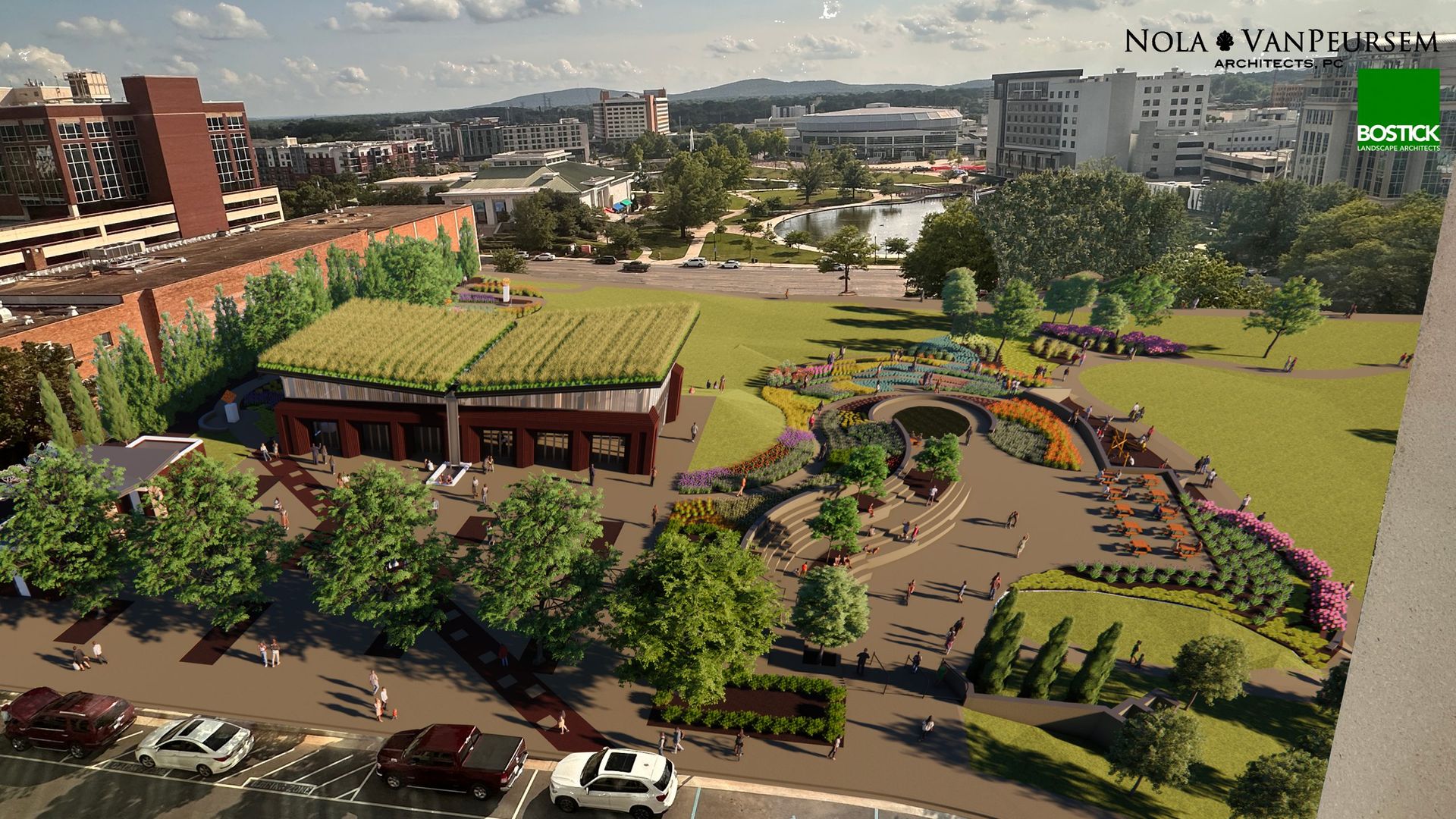 An overhead view showing a rendering of a new park expansion for Big Spring Park in Huntsville, Alabama, showing a pavilion with green roof and plazas with the rest of Big Spring Park and the Von Braun Center in the background.