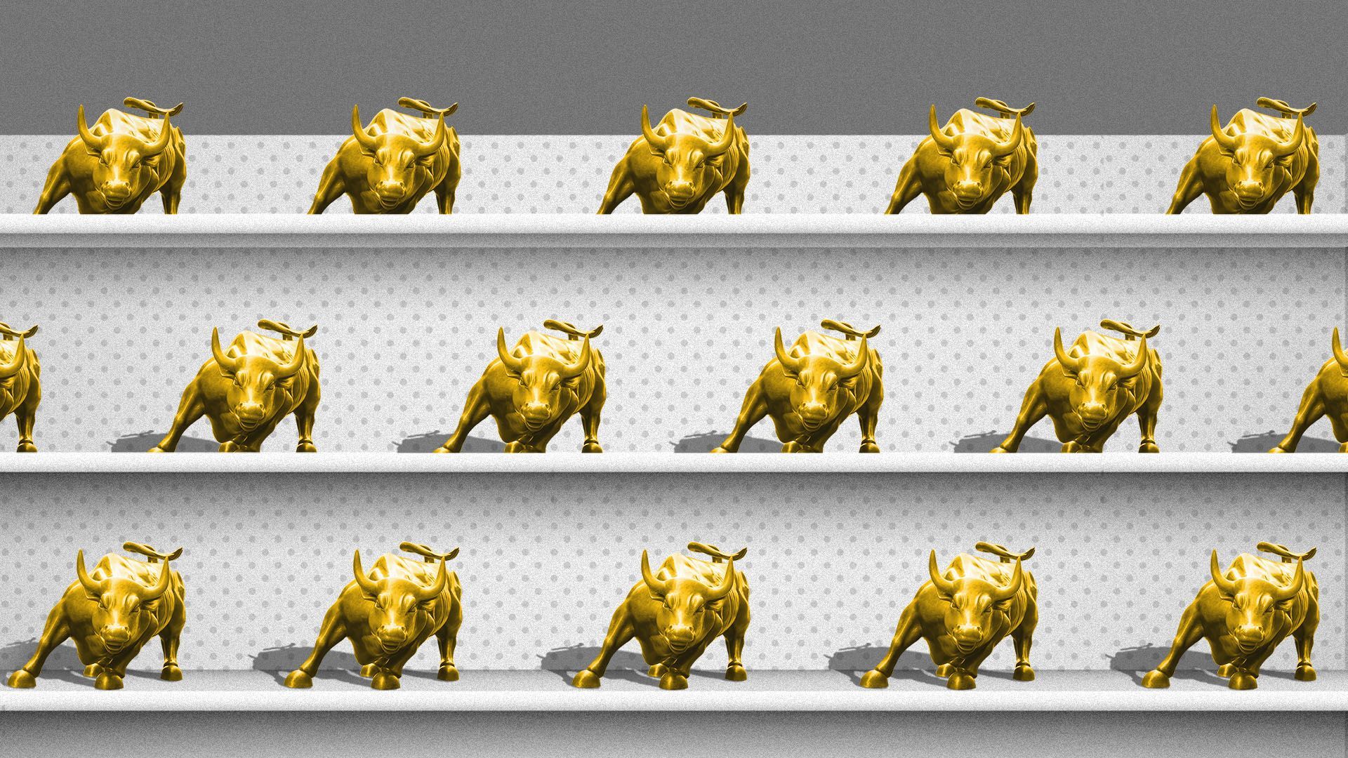 Illustration of store shelves filled with Wall Street bull statues