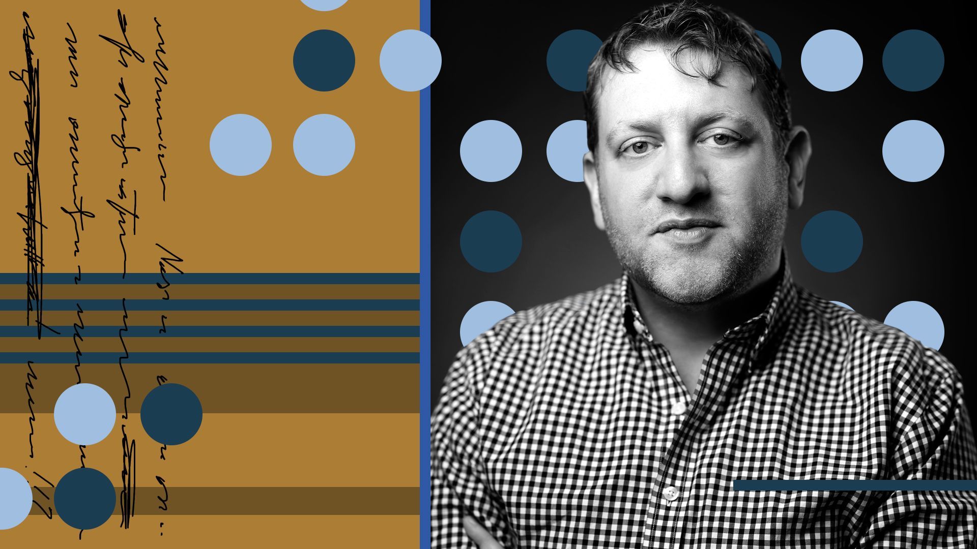 Photo illustration of Ben Krauss surrounded by abstract circles, 3D lines and handwritten lines of text. 