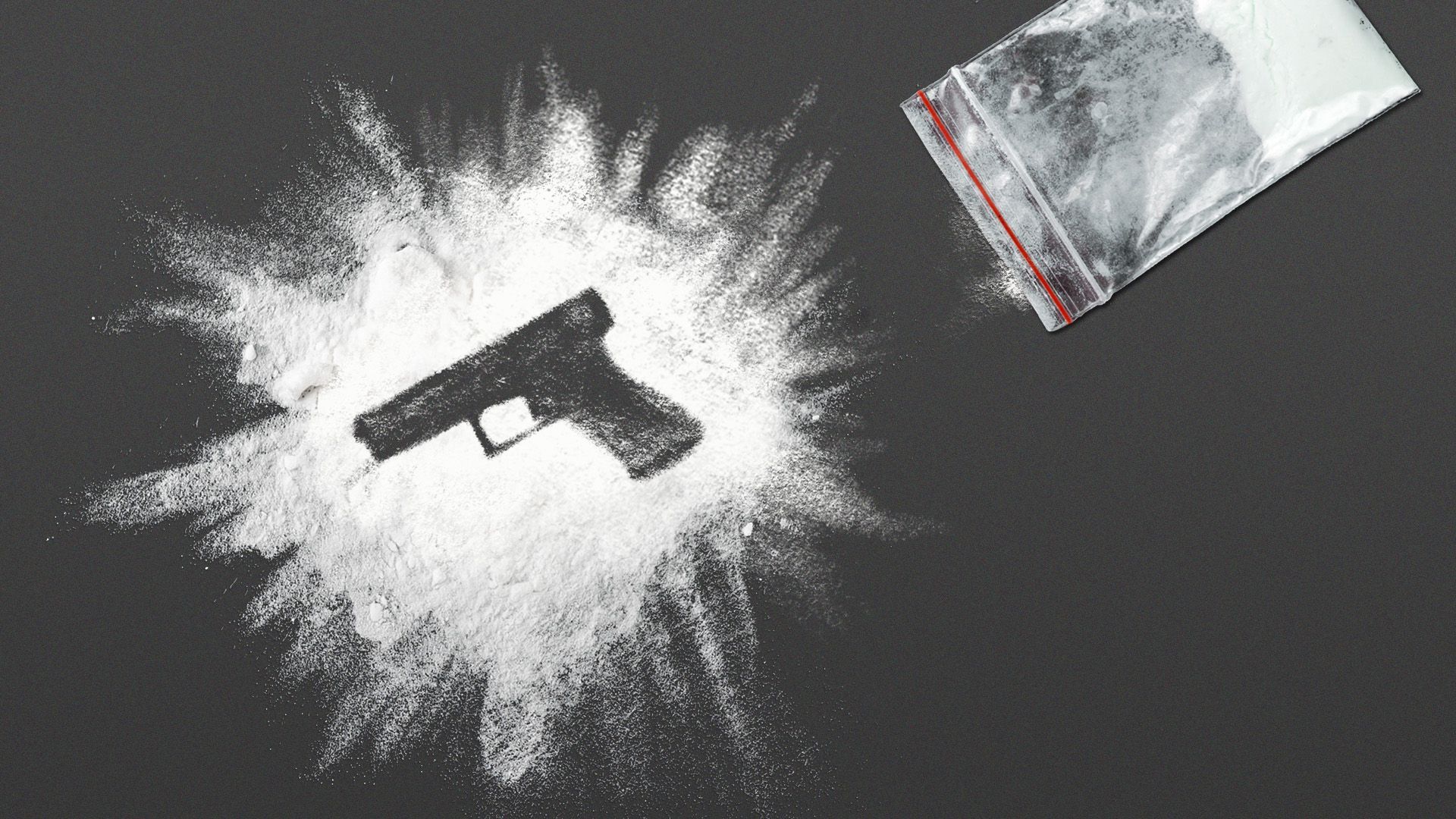 Illustration of a spilled bag of powdered drugs, with a silhouette of a gun in the negative space.