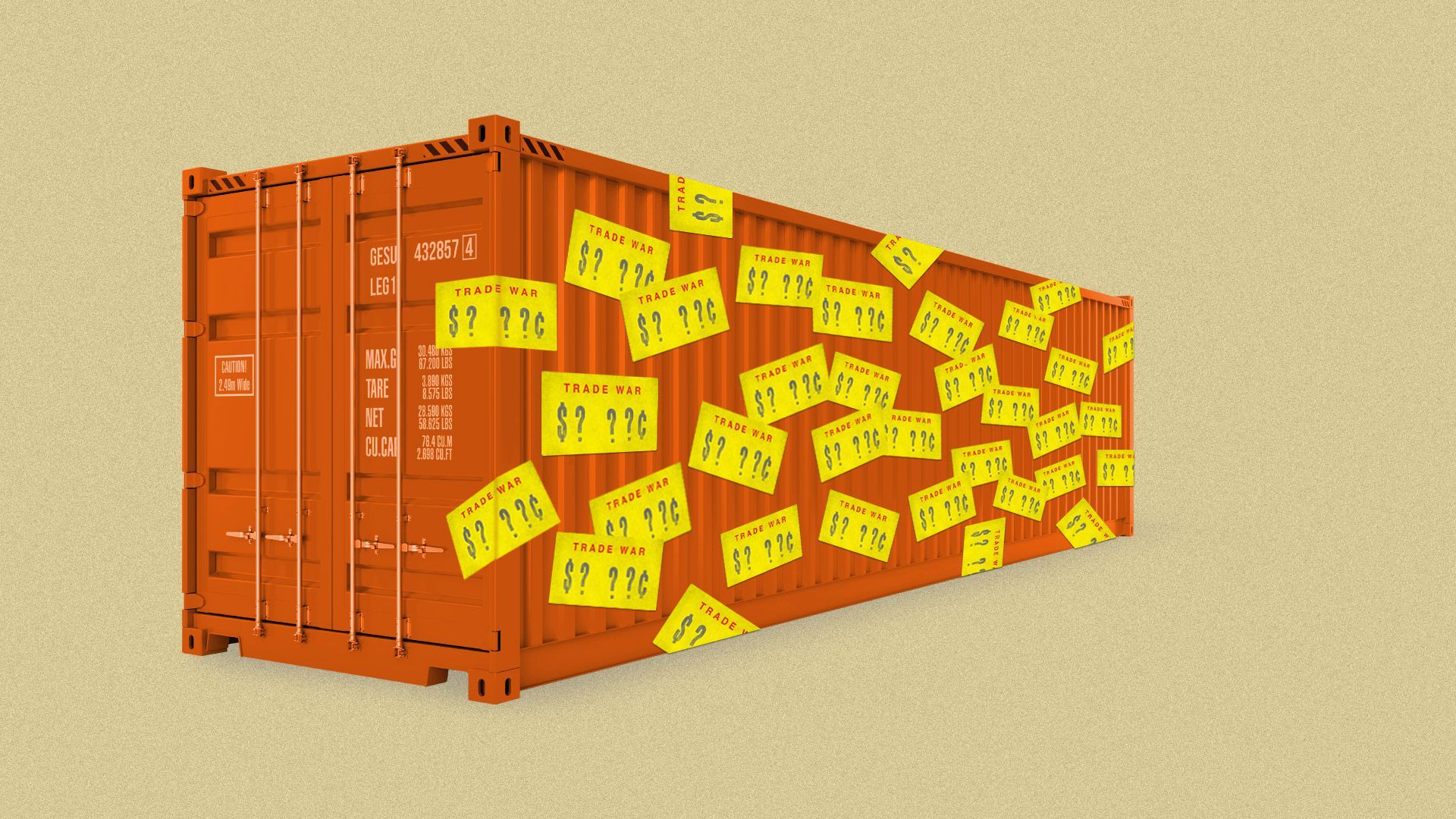 Illustration of orange freight container with yellow Trade War stickers stuck all over it
