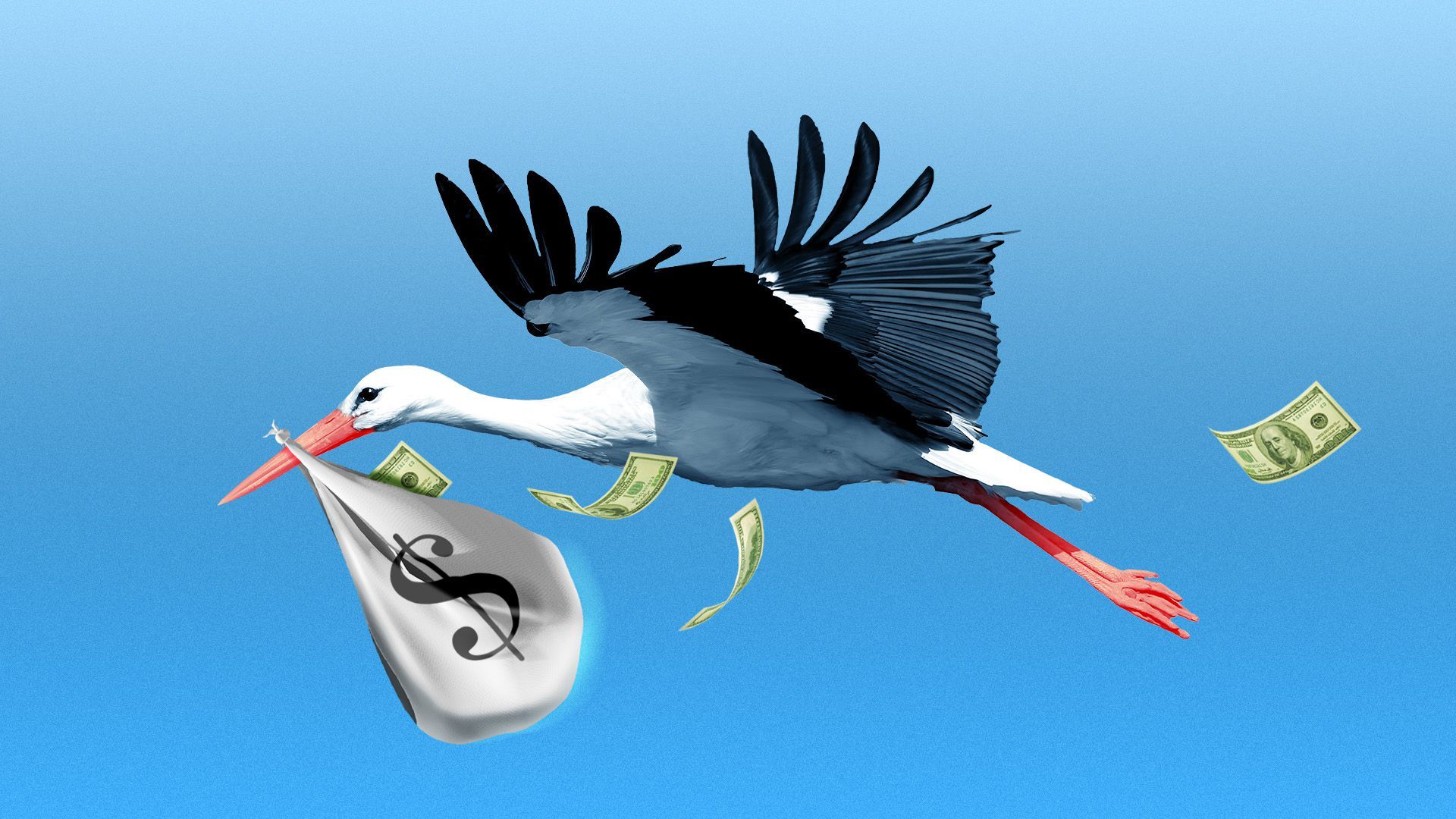 Illustration of a stork carrying a bag of money