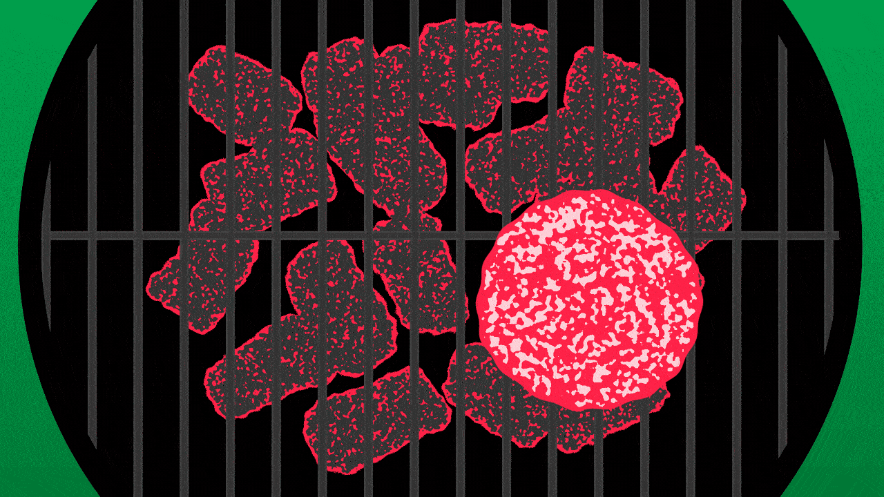 Illustration of a charcoal grill with a hamburger on it that gets flipped to reveal grill marks in the shape of the Axios logo.