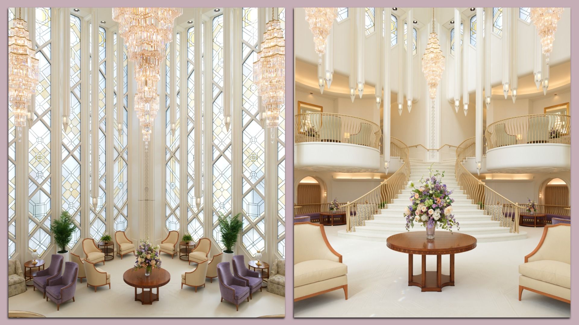 Split view of a celestial room in a Mormon temple: left shows tall lattice windows and chandeliers with cream seating and purple chairs; right shows a grand white staircase with gold railings, chandeliers, and flowers.