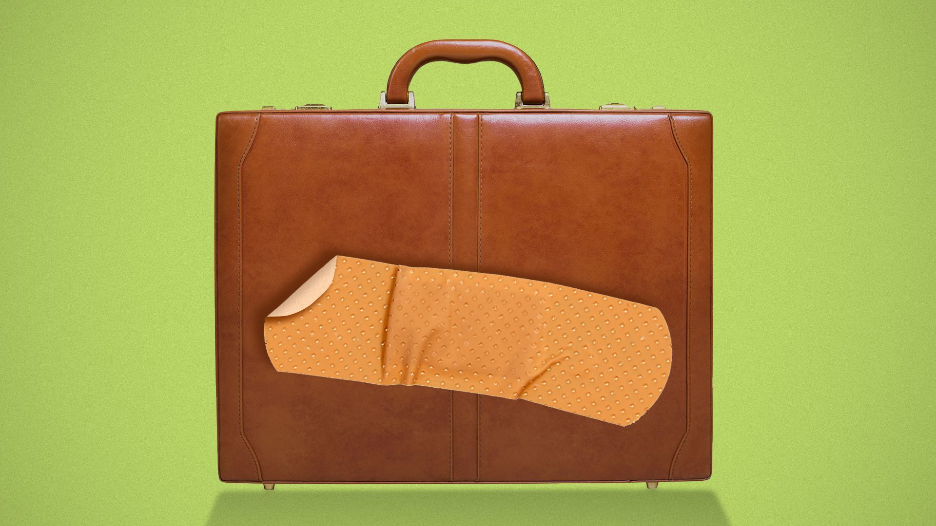 Illustration of a bandage falling off a briefcase.