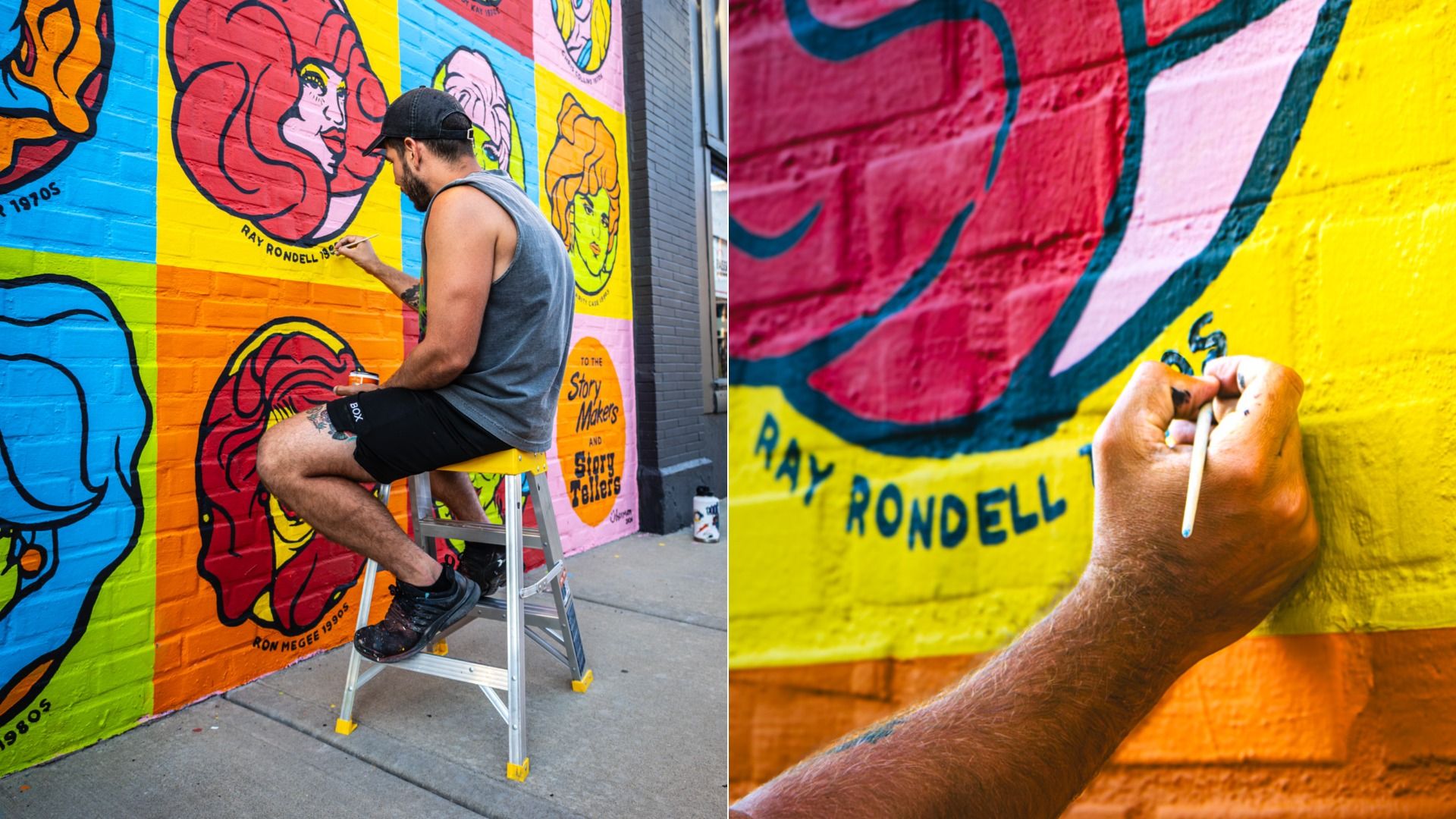 An artist on a ladder paints a vibrant mural of cartoon faces on a brick wall, using spray paint; bold blue, yellow, orange panels. A close-up shows a hand applying pink paint on yellow.