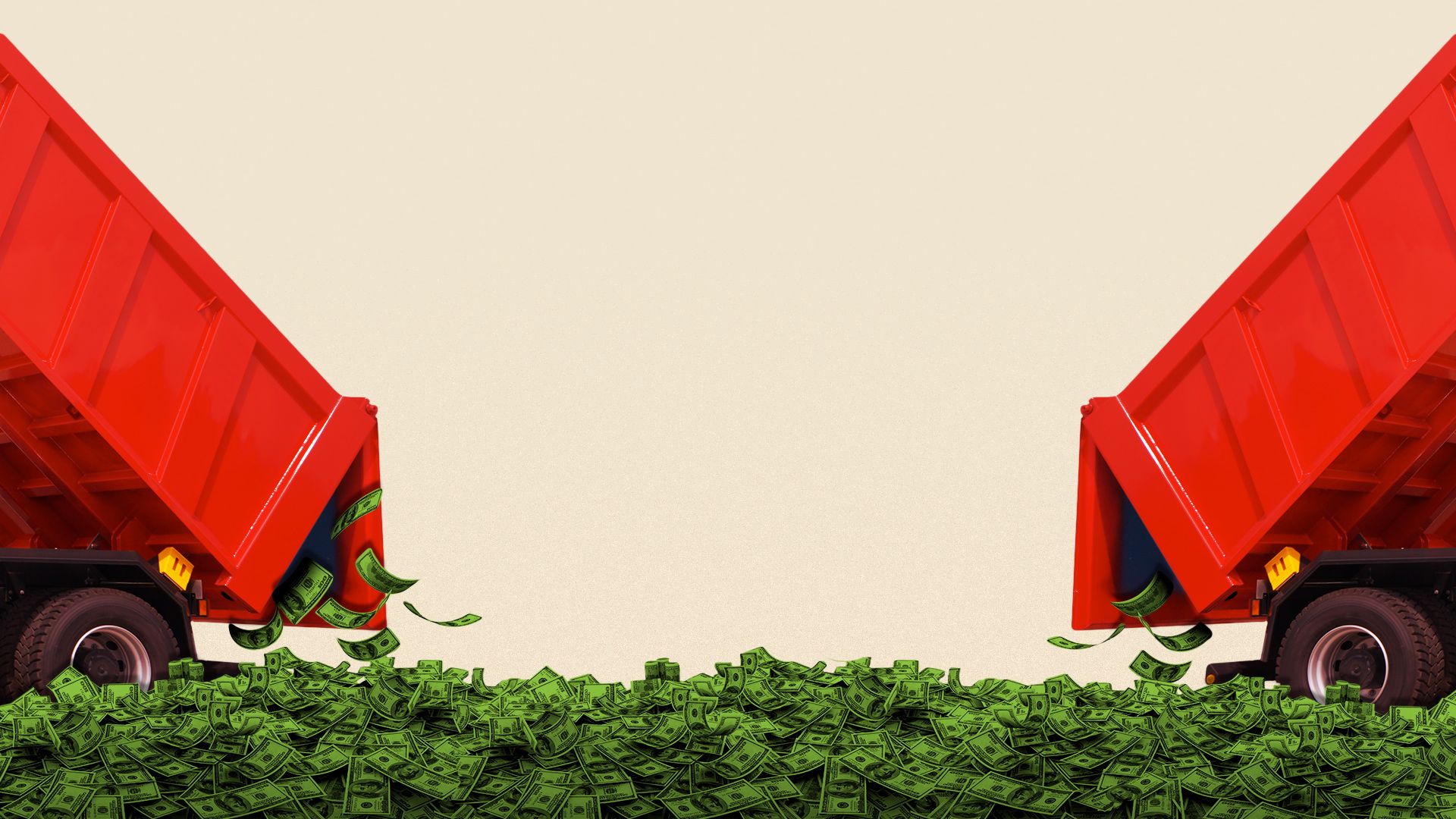 Illustration of two dump trucks dumping piles of money.  