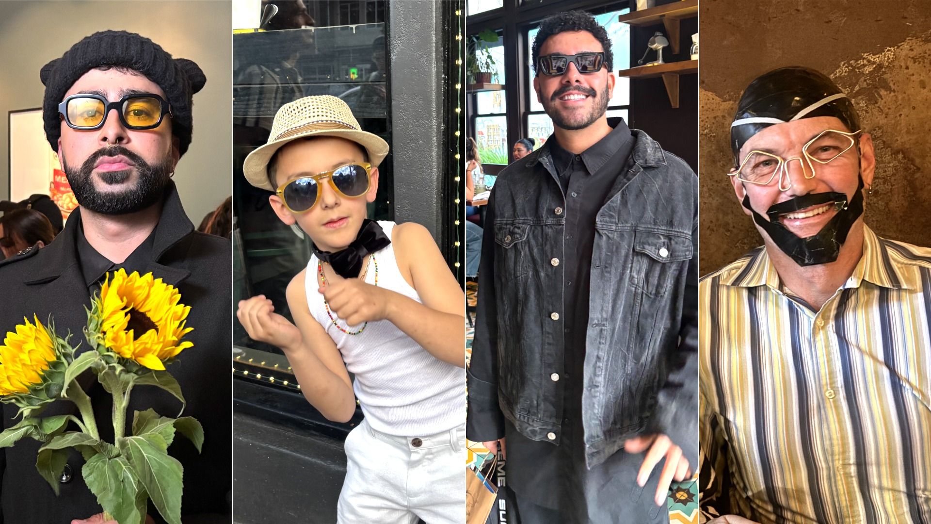 Four people wearing stylish or quirky outfits: person with yellow sunglasses and black knit hat holding sunflowers; child in hat, sunglasses, and bowtie; man in black jacket and sunglasses; man in striped shirt with tape mask beard and glasses.