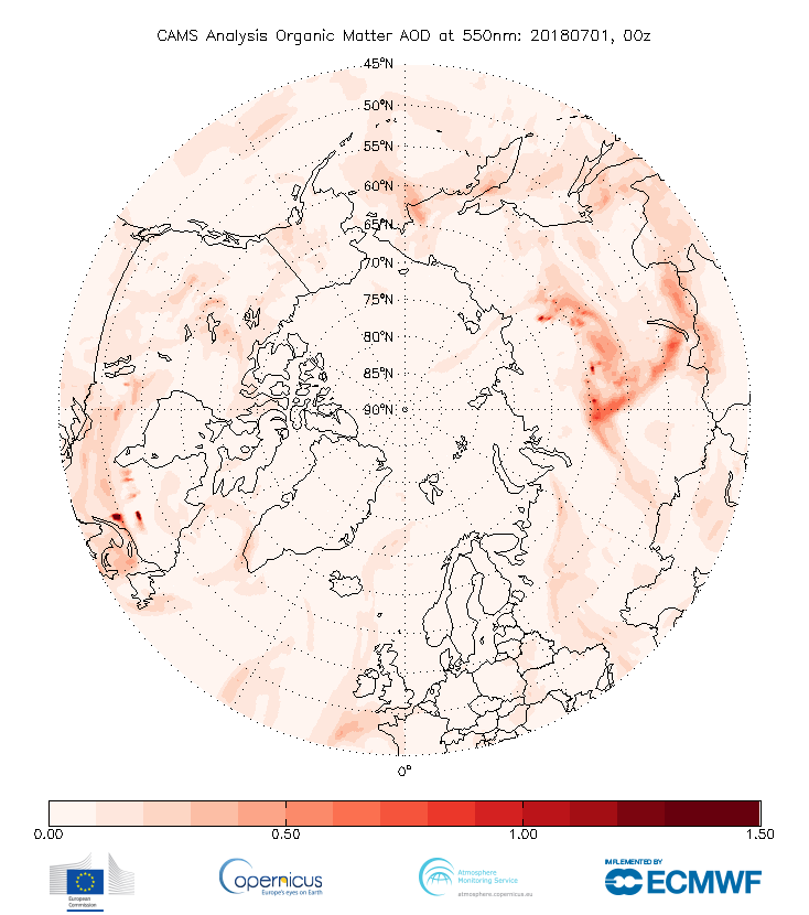 Animation showing computer model forecast for smoke transport from Siberian wildfires, across the pole and into the U.S.