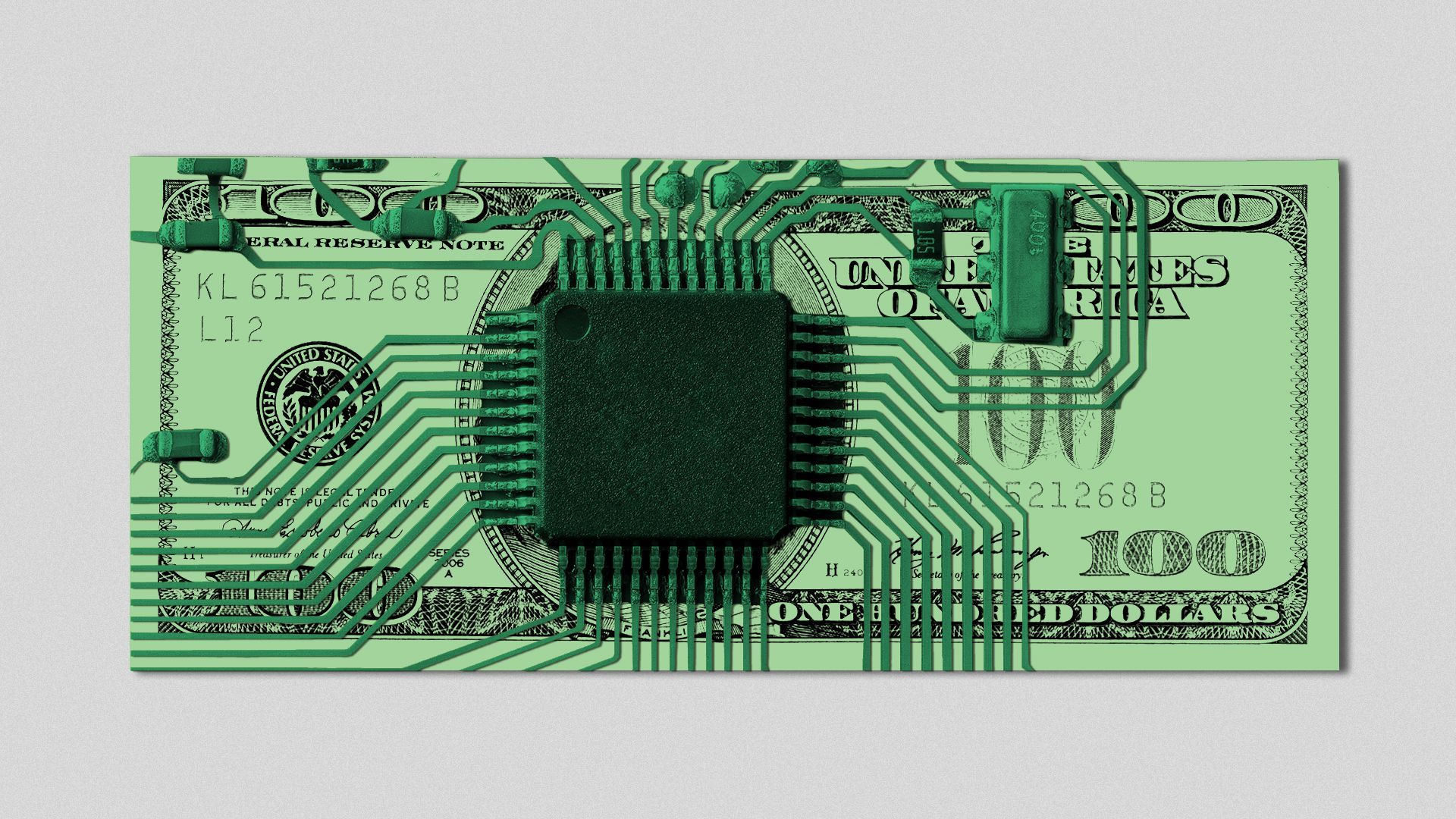 Illustration of a hundred dollar bill as a circuit board.