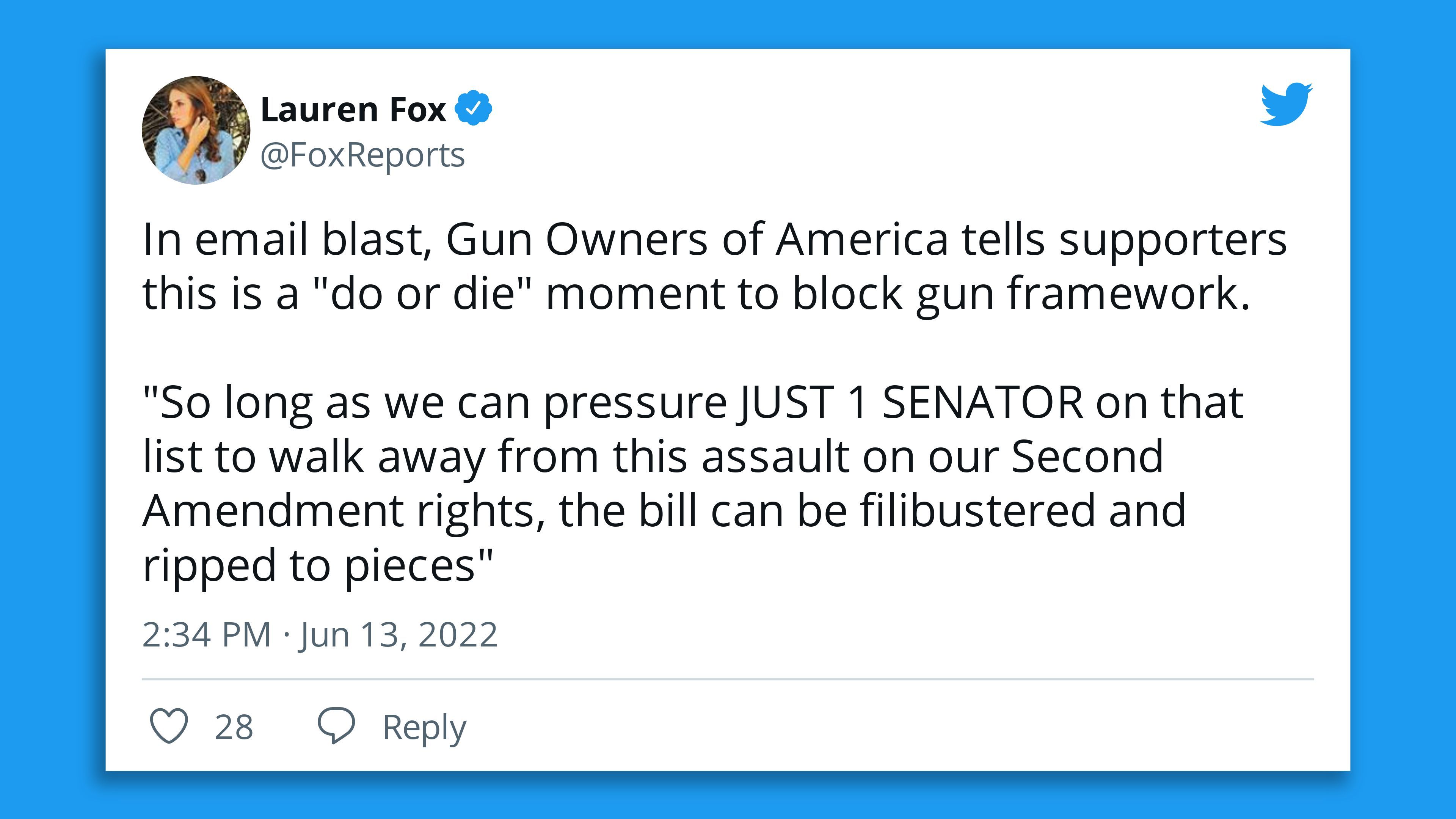 Tweet showing Gun Owners of America urging supporters to pressure senators