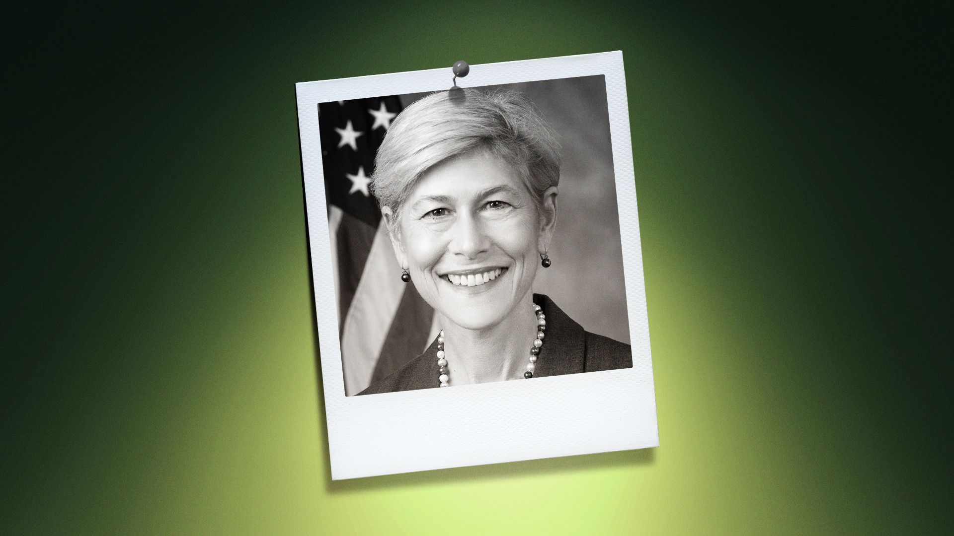 Photo illustration of Representative Deborah Ross in the center of a Polaroid photo under a green spotlight.