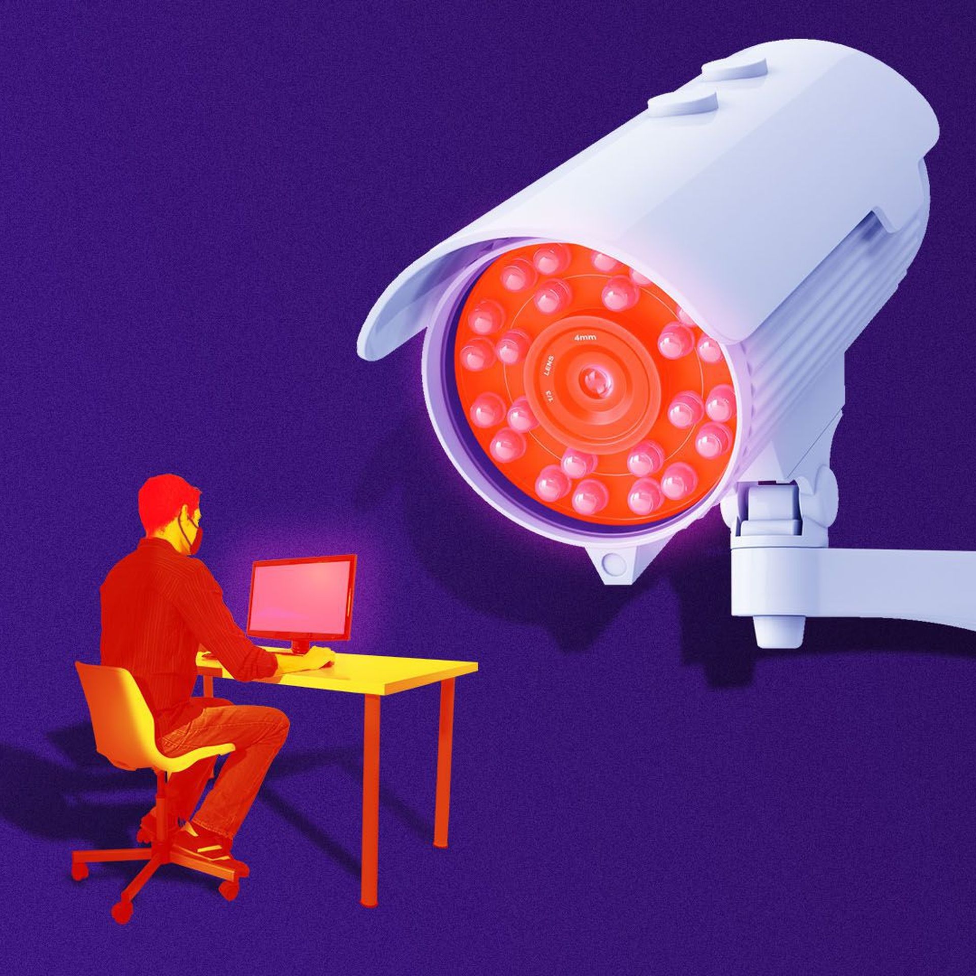Illustration of a giant camera looking at a tiny worker.