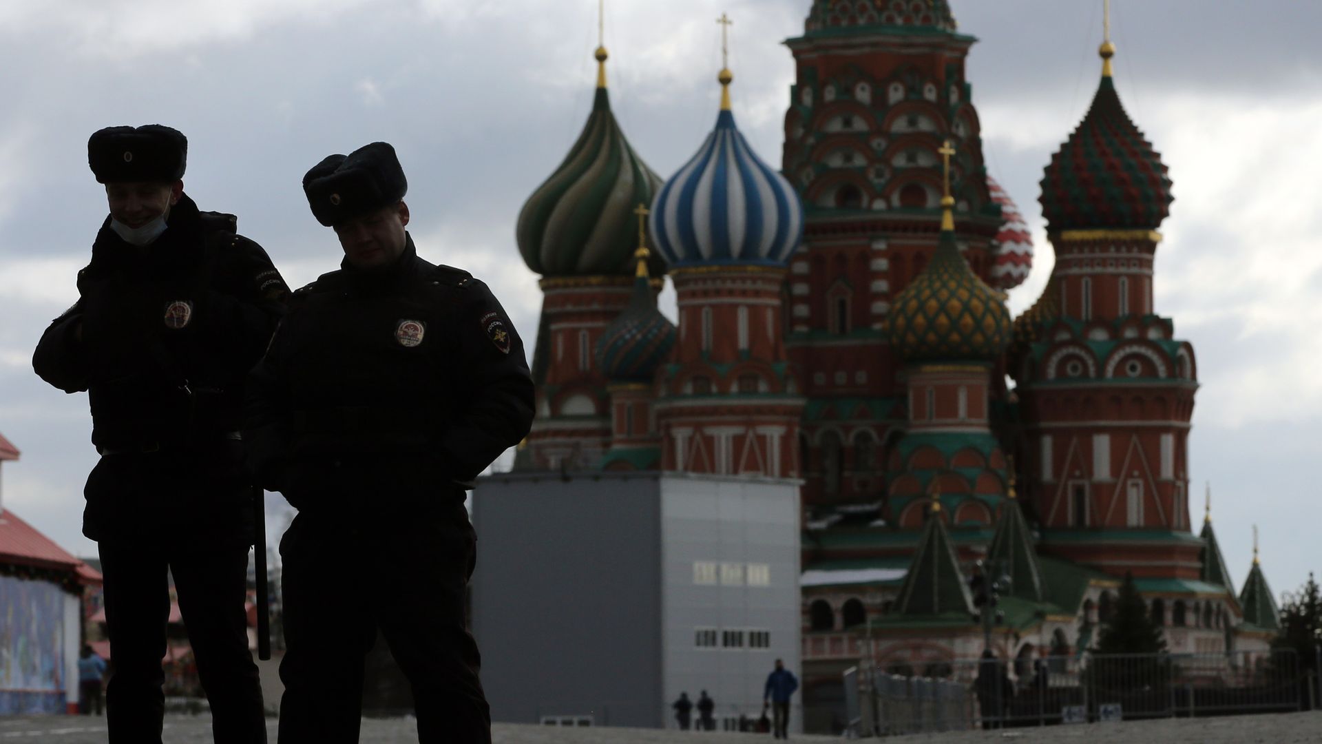 Russian Police officers guard an empty Red Square on March 5, 2022, in Moscow, Russia. 