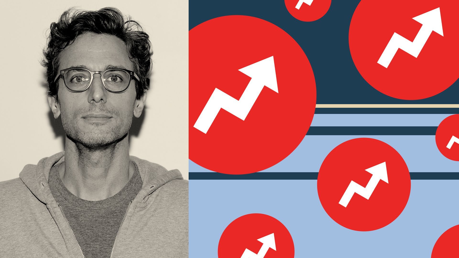 Photo illustration of Jonah Peretti with BuzzFeed logos.